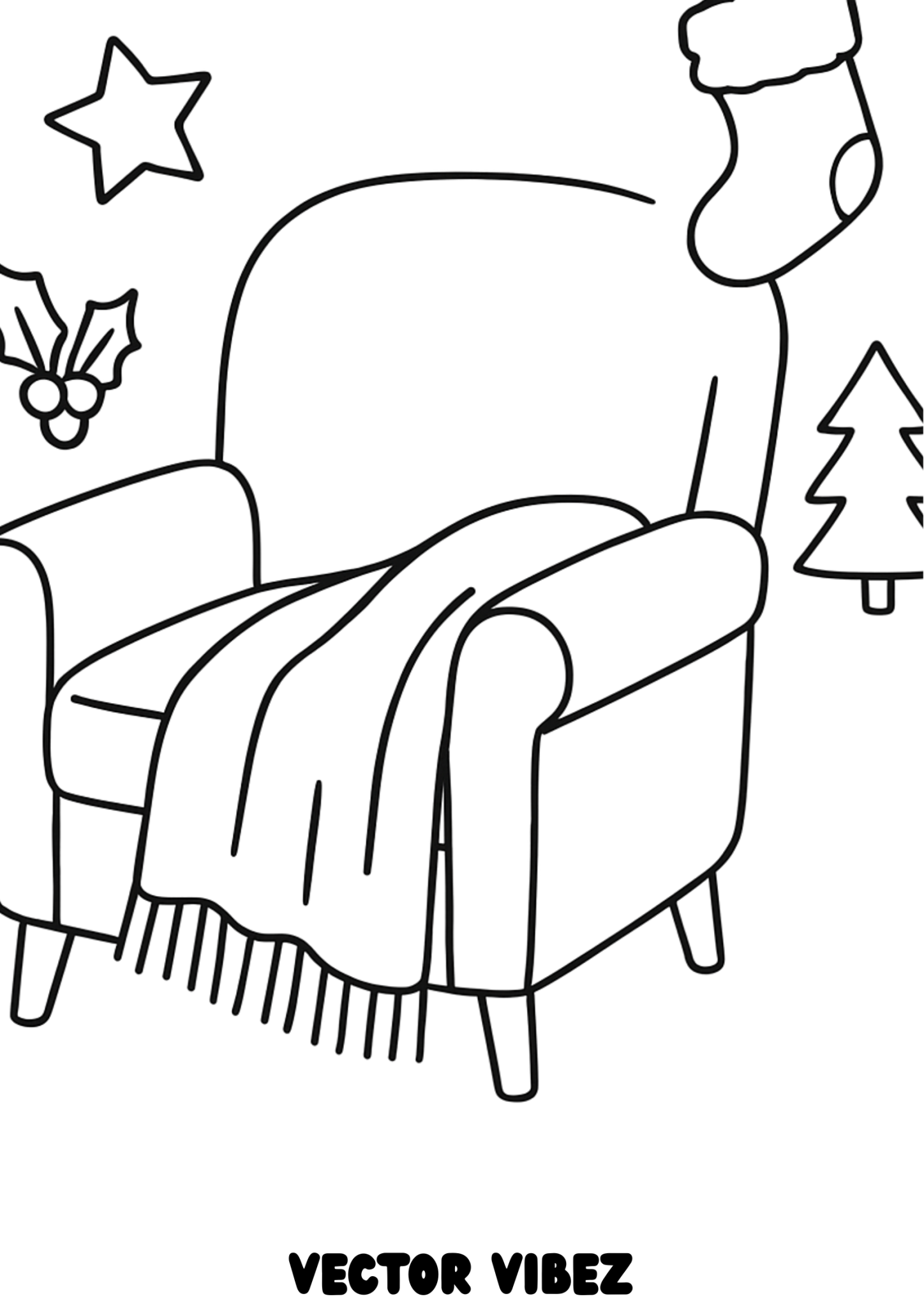 Free printable cozy chair with festive knitted blanket coloring page for kids — download and print free at VectorVibez.com