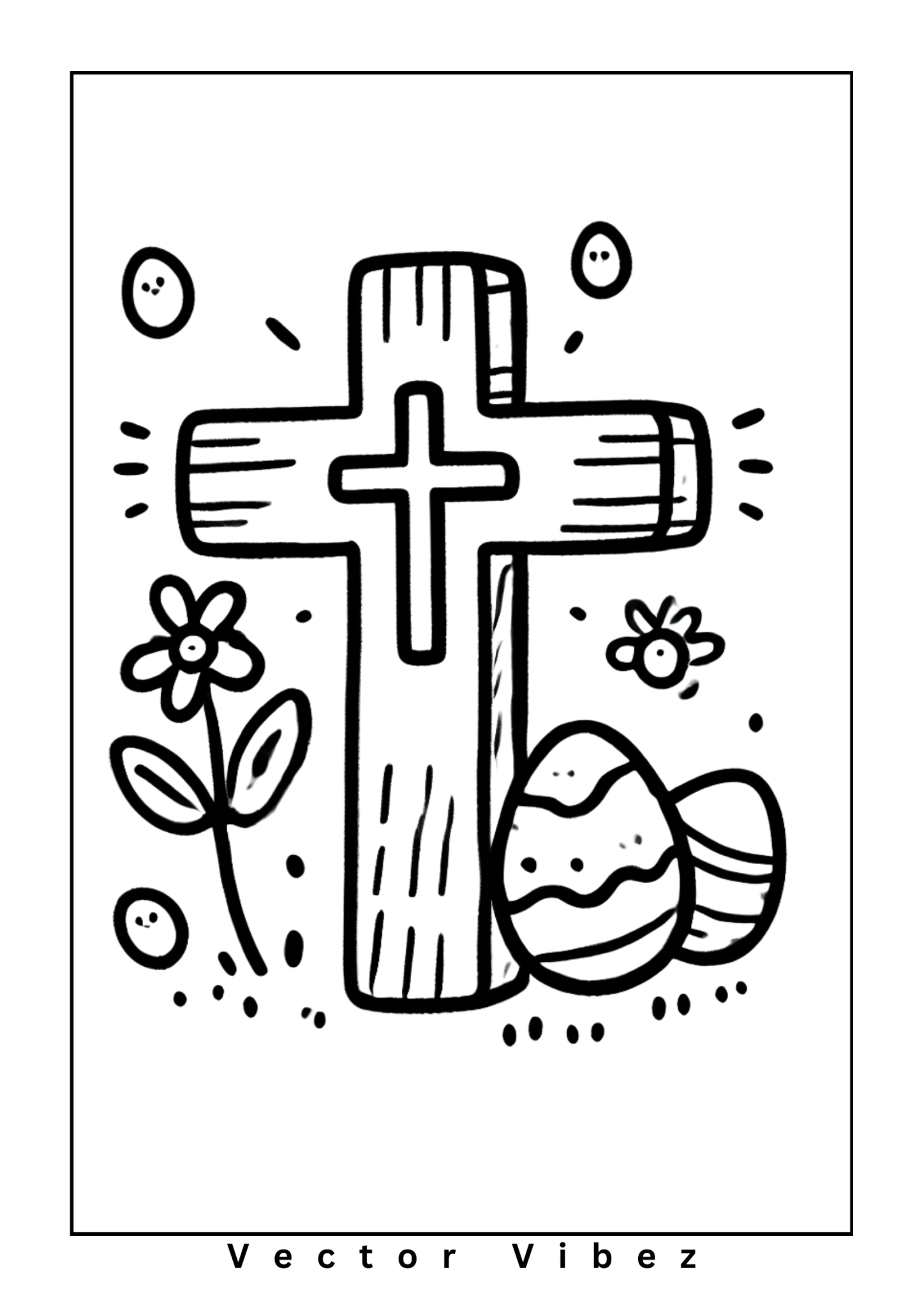 Free printable cross adorned with easter eggs and blossoms coloring page for kids — download and print free at VectorVibez.com