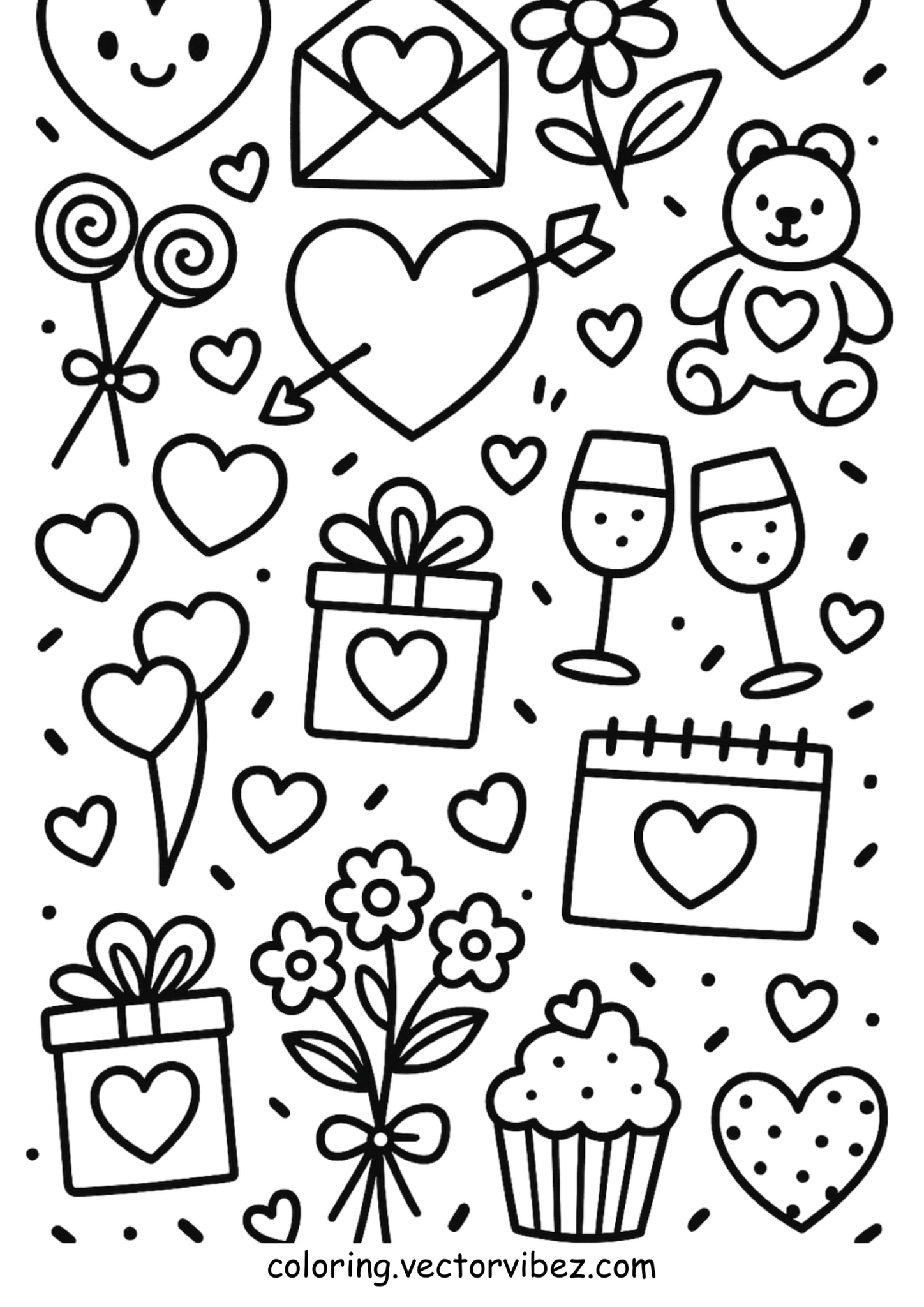 Free printable cupcake with heart sprinkles doodles coloring page for kids — download and print free at VectorVibez.com