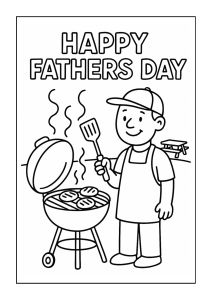 Free printable dad flipping burgers on grill coloring page for kids — download and print free at VectorVibez.com