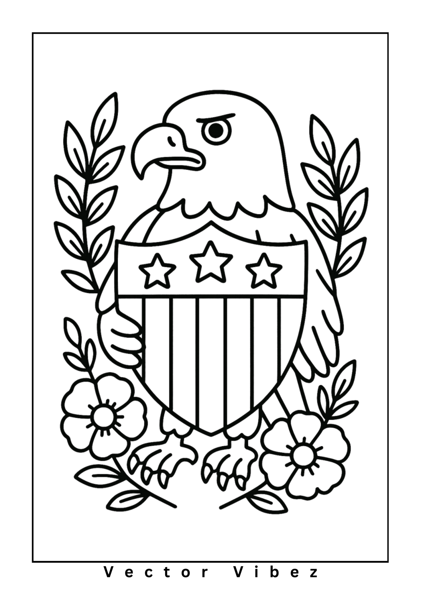 Free printable eagle grasping shield amid flowers coloring page for kids — download and print free at VectorVibez.com