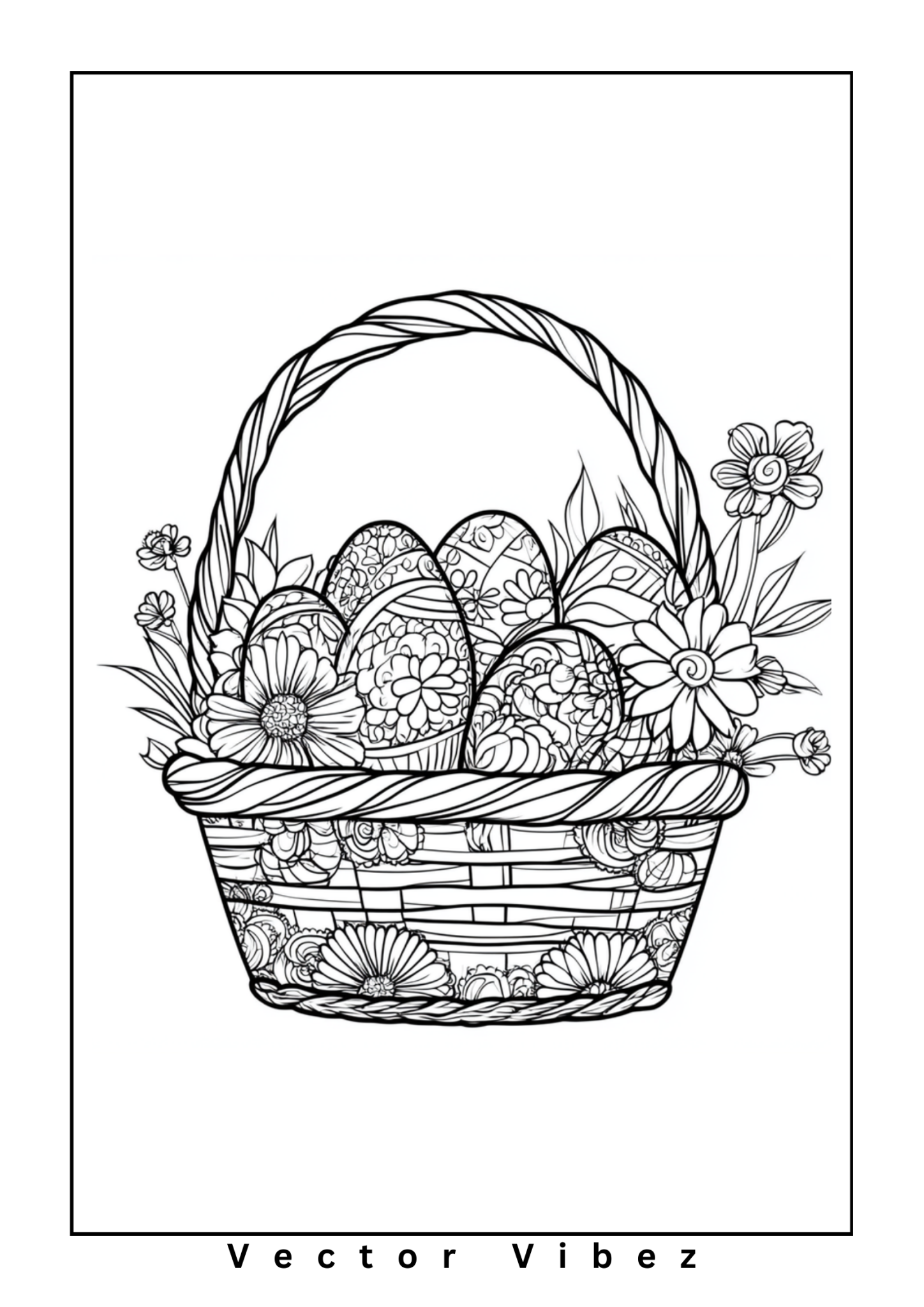Free printable easter basket with polka dot eggs coloring page for kids — download and print free at VectorVibez.com