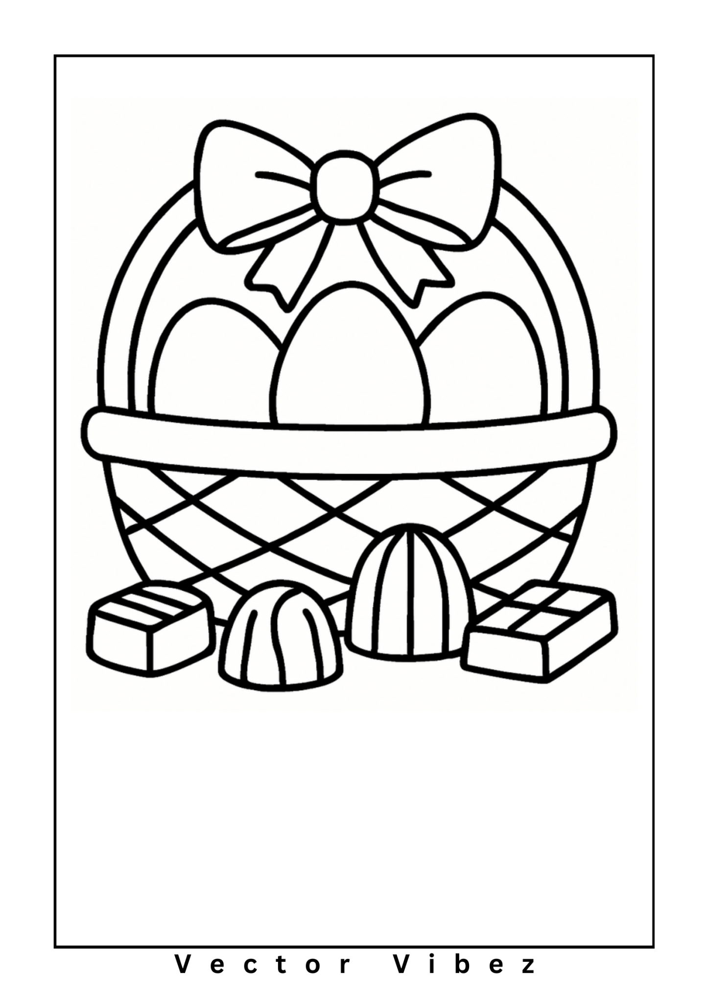 Free printable easter basket with ribbon-wrapped eggs coloring page for kids — download and print free at VectorVibez.com
