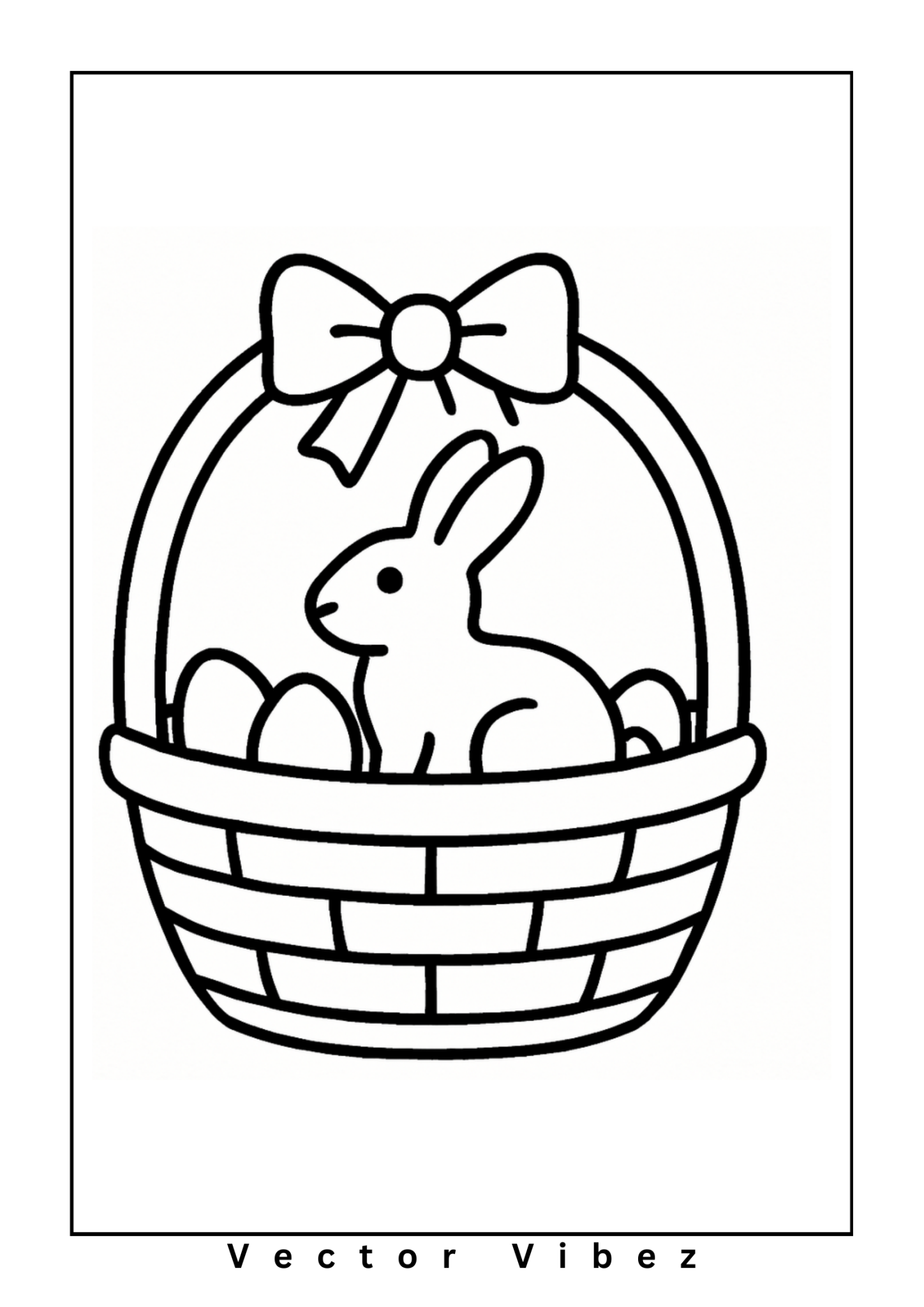 Free printable easter bunny in basket with painted eggs coloring page for kids — download and print free at VectorVibez.com