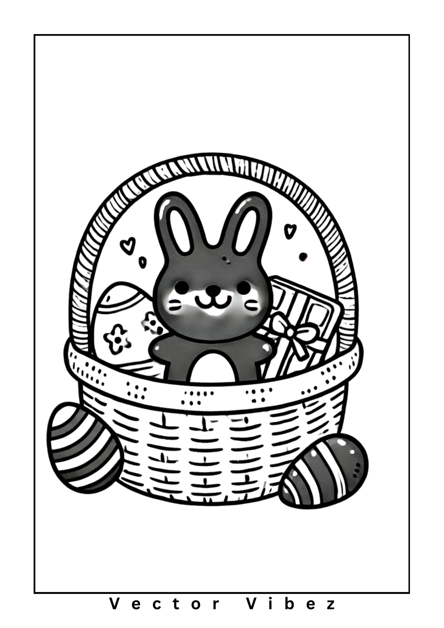 Free printable easter bunny in woven basket of flowers coloring page for kids — download and print free at VectorVibez.com