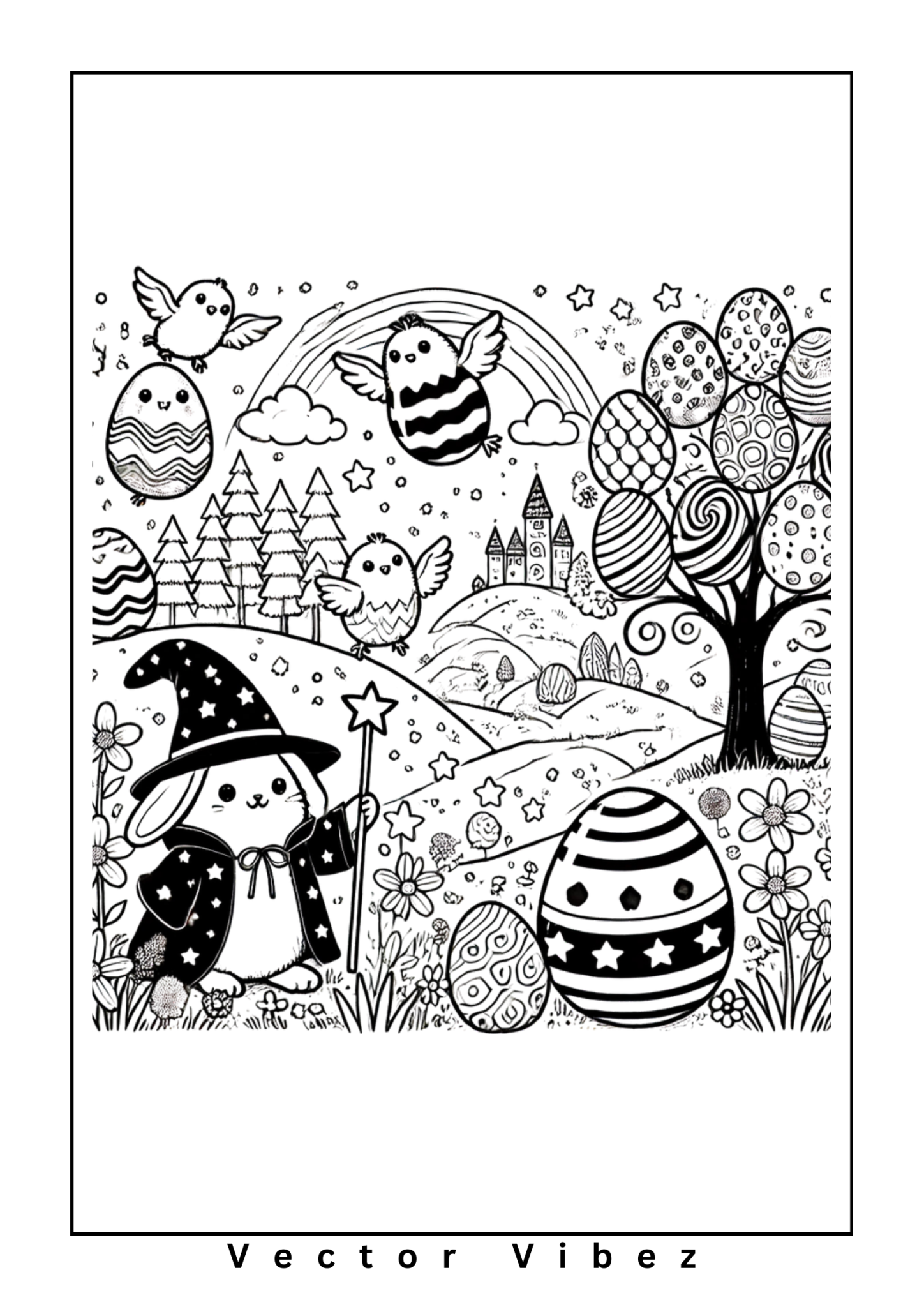 Free printable easter bunny playing with birds coloring page for kids — download and print free at VectorVibez.com