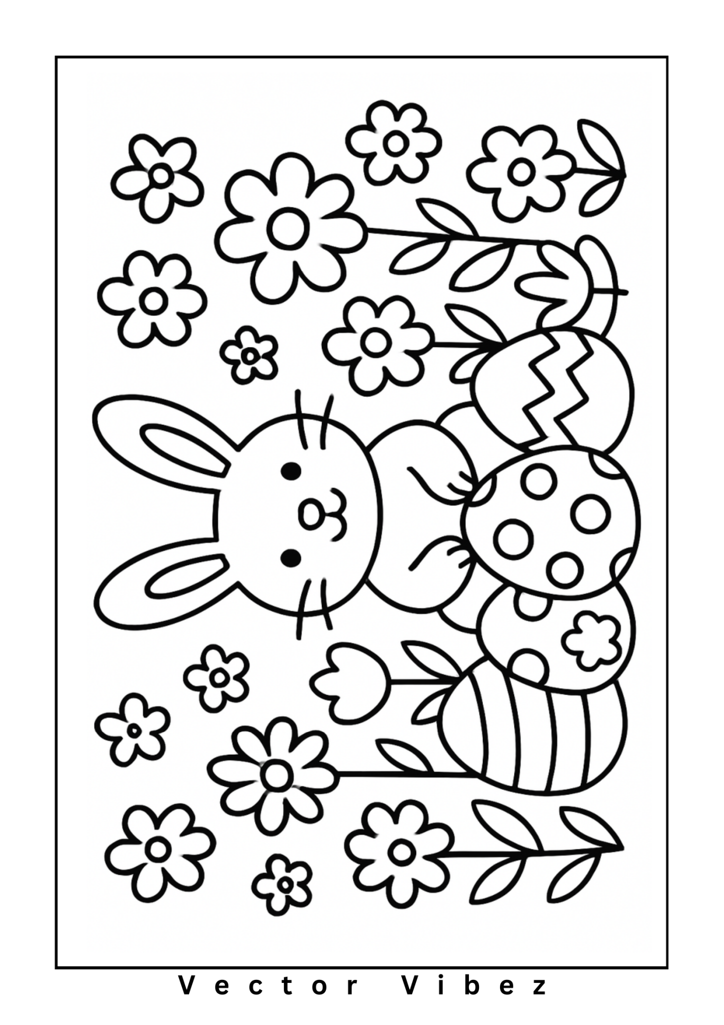 Free printable easter bunny with floral egg garland coloring page for kids — download and print free at VectorVibez.com