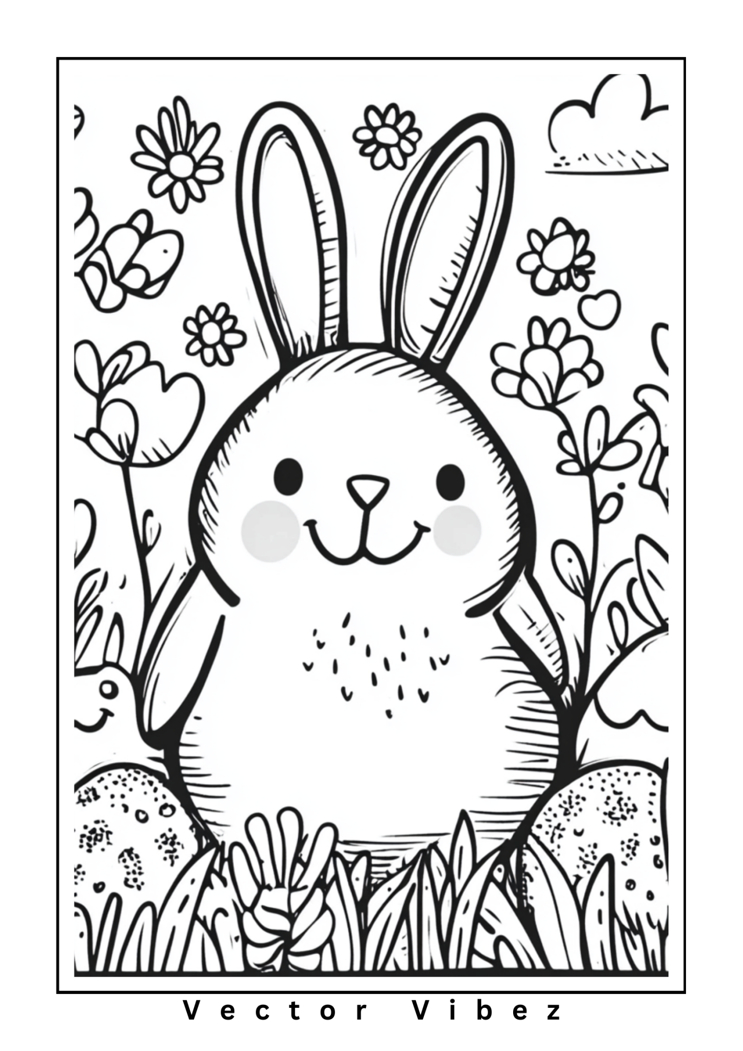 Free printable easter bunny with rainbow carrots coloring page for kids — download and print free at VectorVibez.com