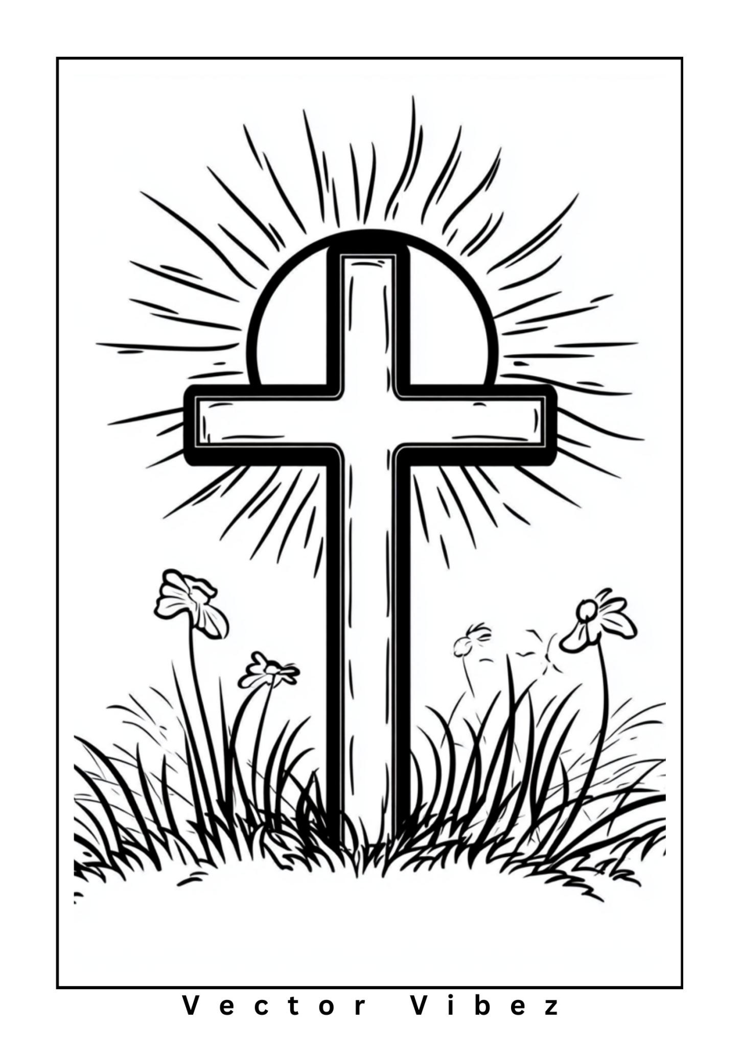 Free printable easter cross with radiant floral halo coloring page for kids — download and print free at VectorVibez.com