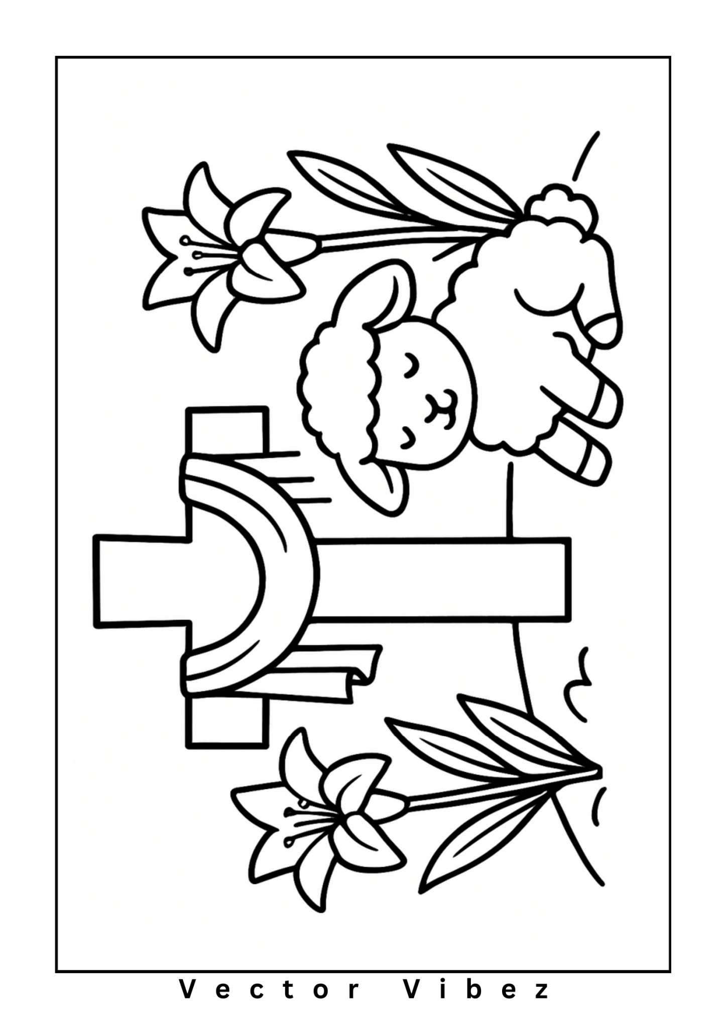Free printable easter lamb with cross and spring blossoms coloring page for kids — download and print free at VectorVibez.com