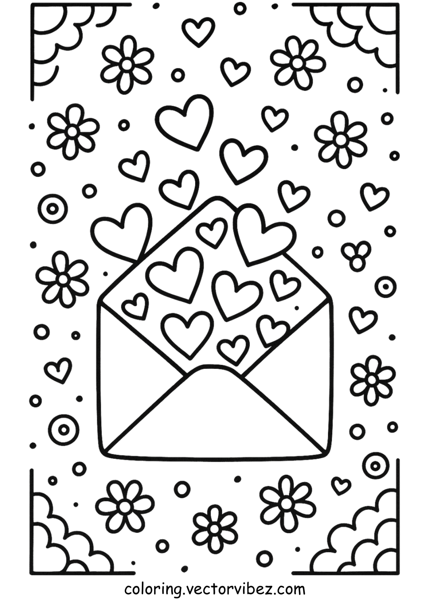 Free printable envelope bursting with hearts and blooms coloring page for kids — download and print free at VectorVibez.com