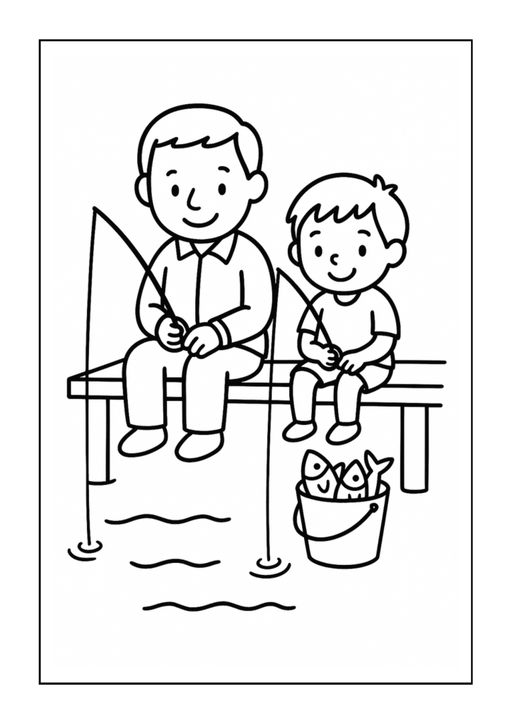 Free printable father and son fishing by serene lake coloring page for kids — download and print free at VectorVibez.com