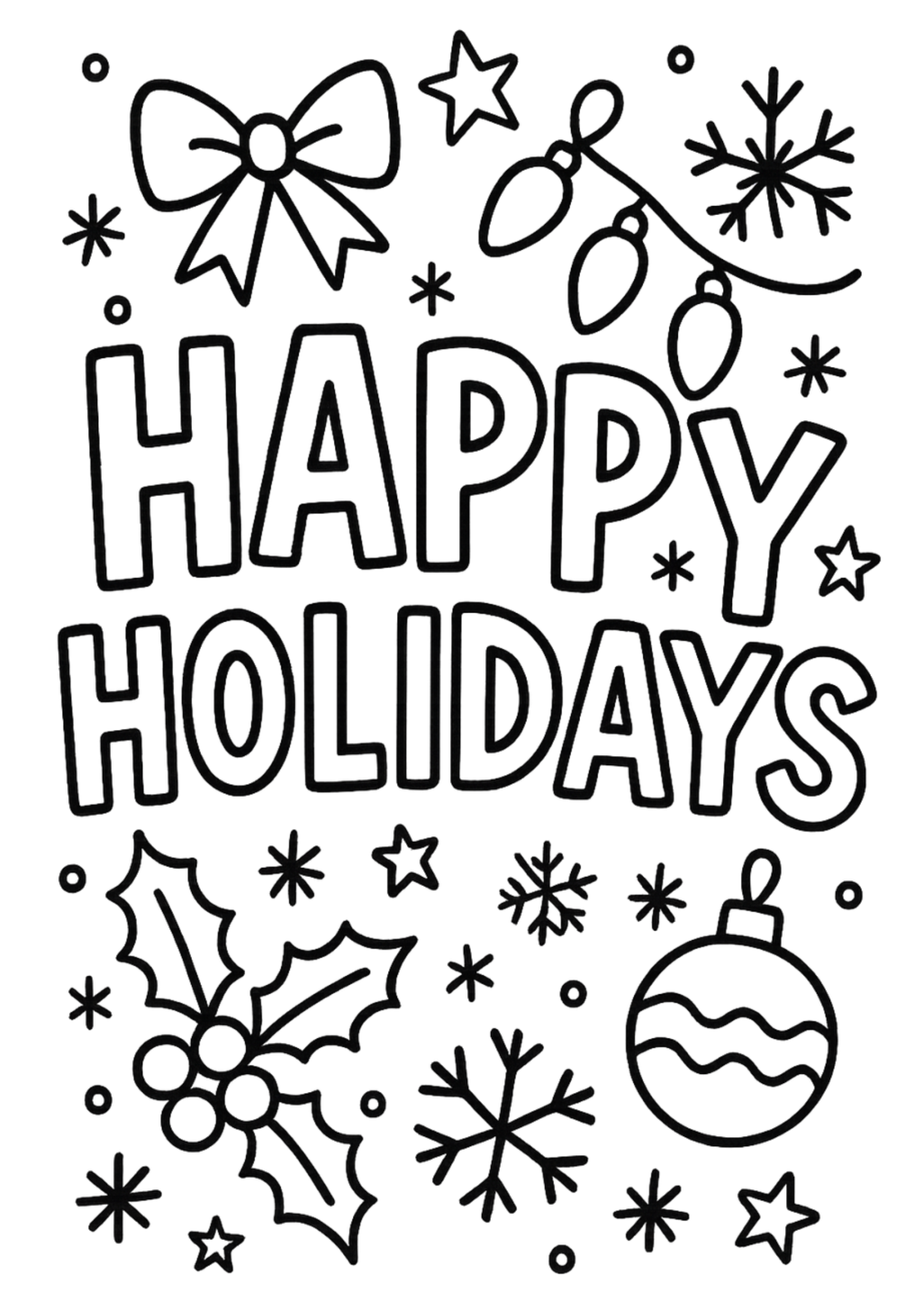 Free printable festive christmas tree decorating party coloring page for kids — download and print free at VectorVibez.com