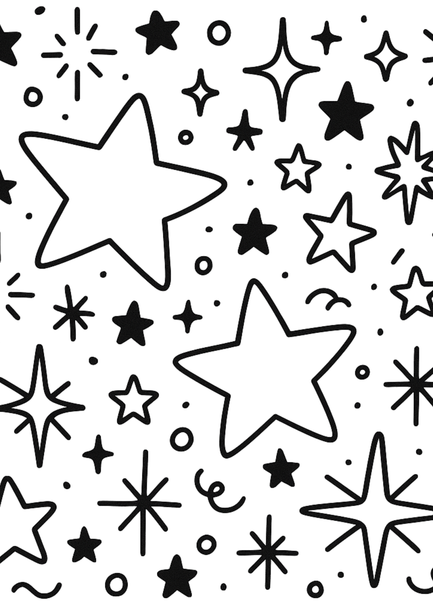 Free printable festive starry night with glittering snowflakes coloring page for kids — download and print free at VectorVibez.com