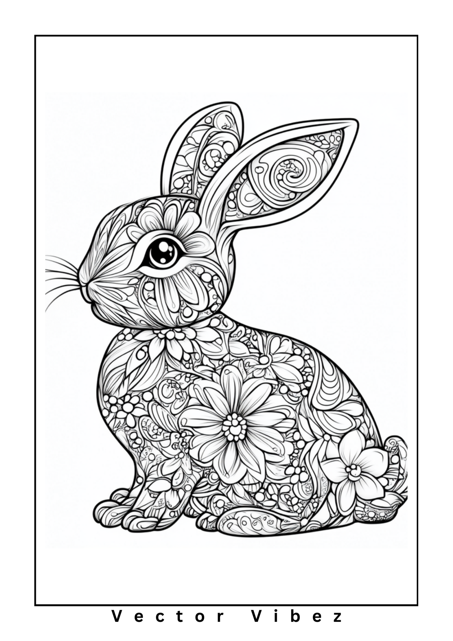 Free printable floral easter bunny with blooming patterns coloring page for kids — download and print free at VectorVibez.com