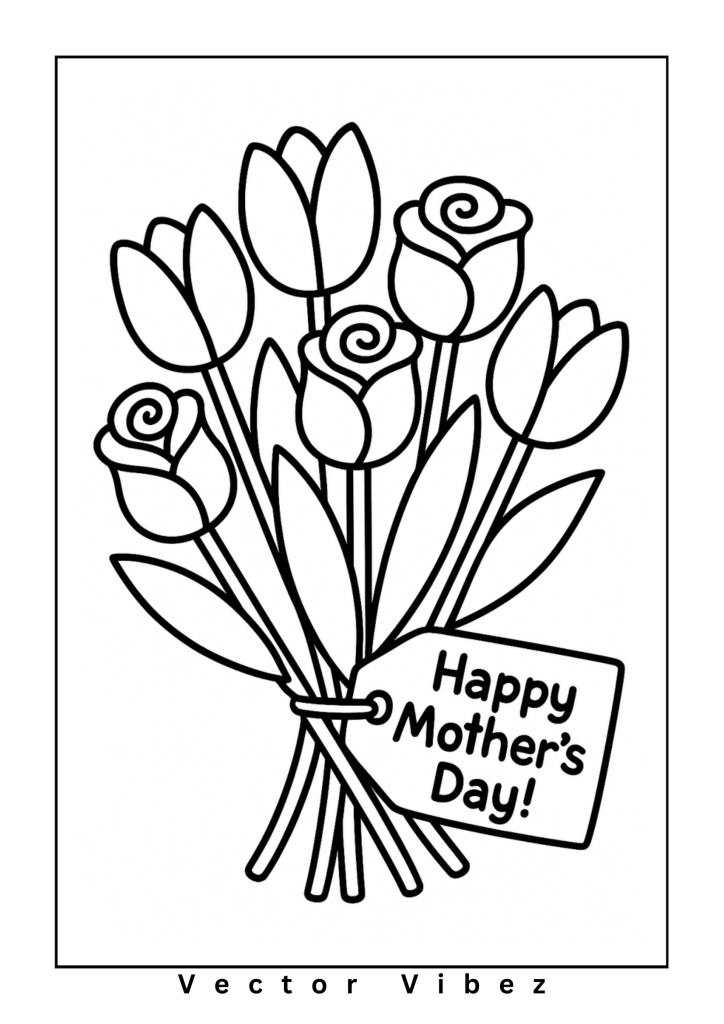 Free printable flower basket with 'happy mother's day' tag coloring page for kids — download and print free at VectorVibez.com