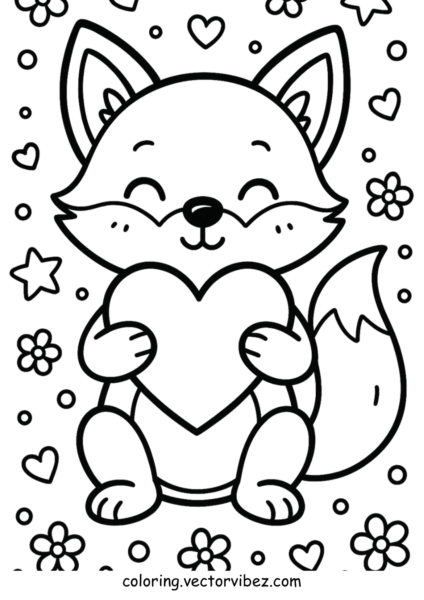 Free printable fox hugging heart doodles coloring page for kids — download and print free at VectorVibez.com