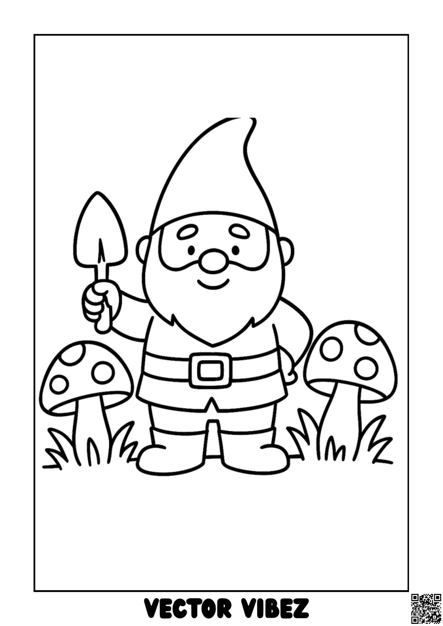 Free printable garden gnome watering mushrooms coloring page for kids — download and print free at VectorVibez.com