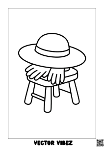 Free printable gardening hat on sunlit stool coloring page for kids — download and print free at VectorVibez.com