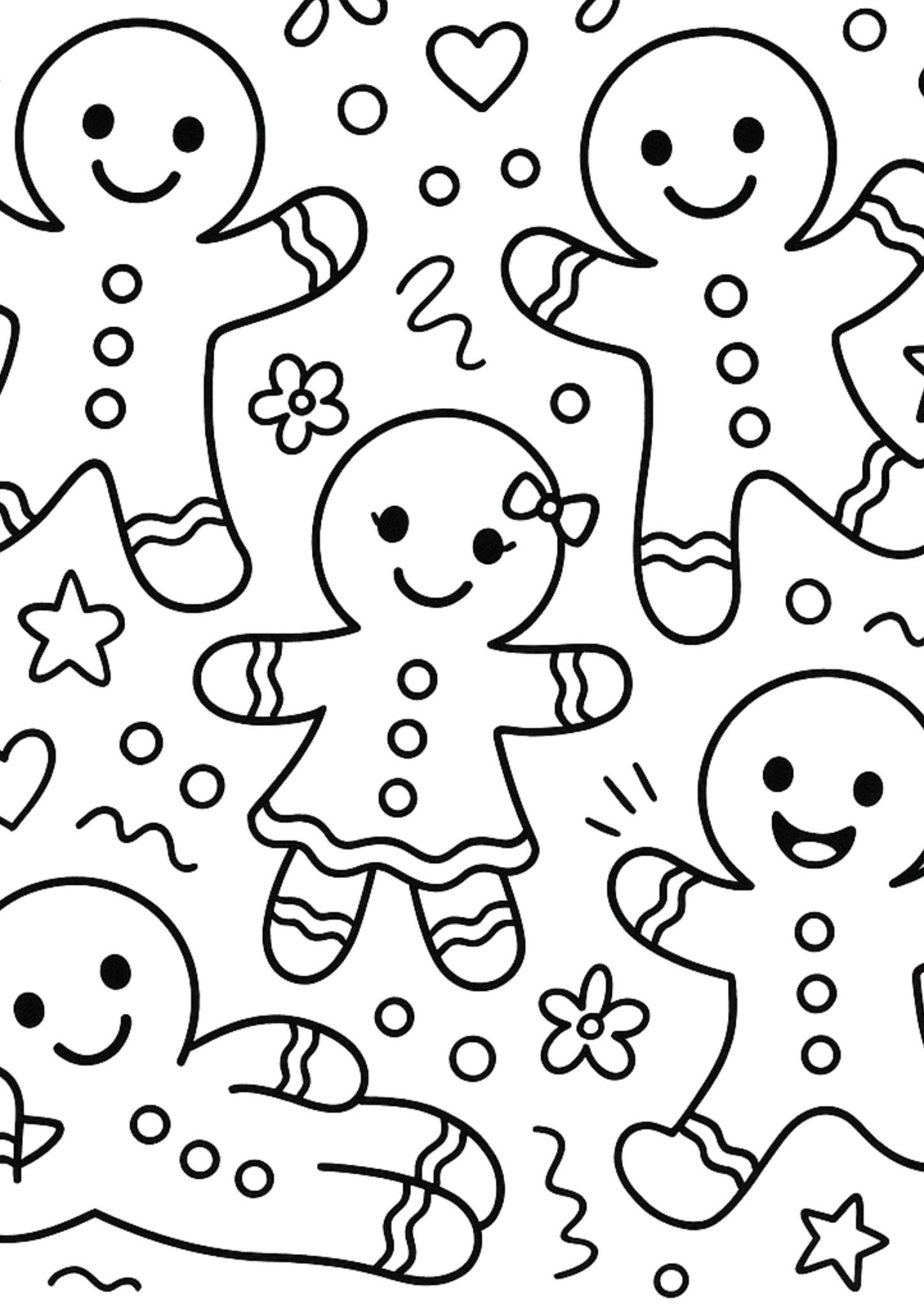 Free printable gingerbread cookies with festive decorations coloring page for kids — download and print free at VectorVibez.com