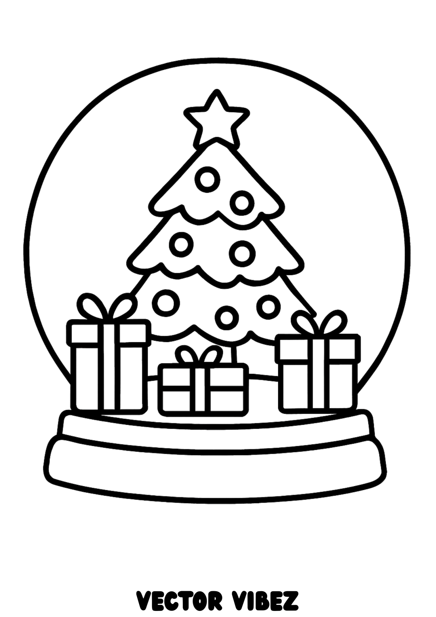 Free printable glittering christmas tree in snow globe coloring page for kids — download and print free at VectorVibez.com