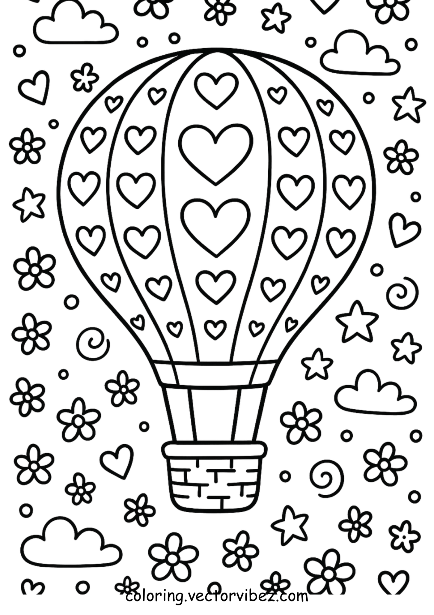 Free printable heart balloon with lovebirds coloring page for kids — download and print free at VectorVibez.com