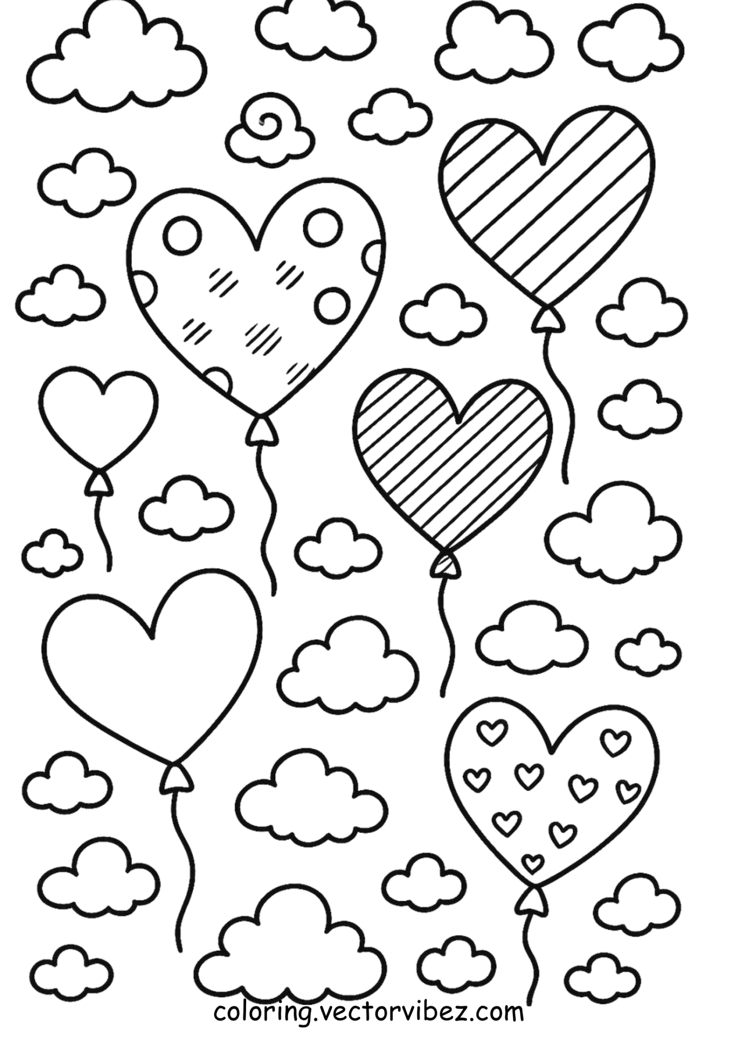 Free printable heart balloons soaring among clouds coloring page for kids — download and print free at VectorVibez.com