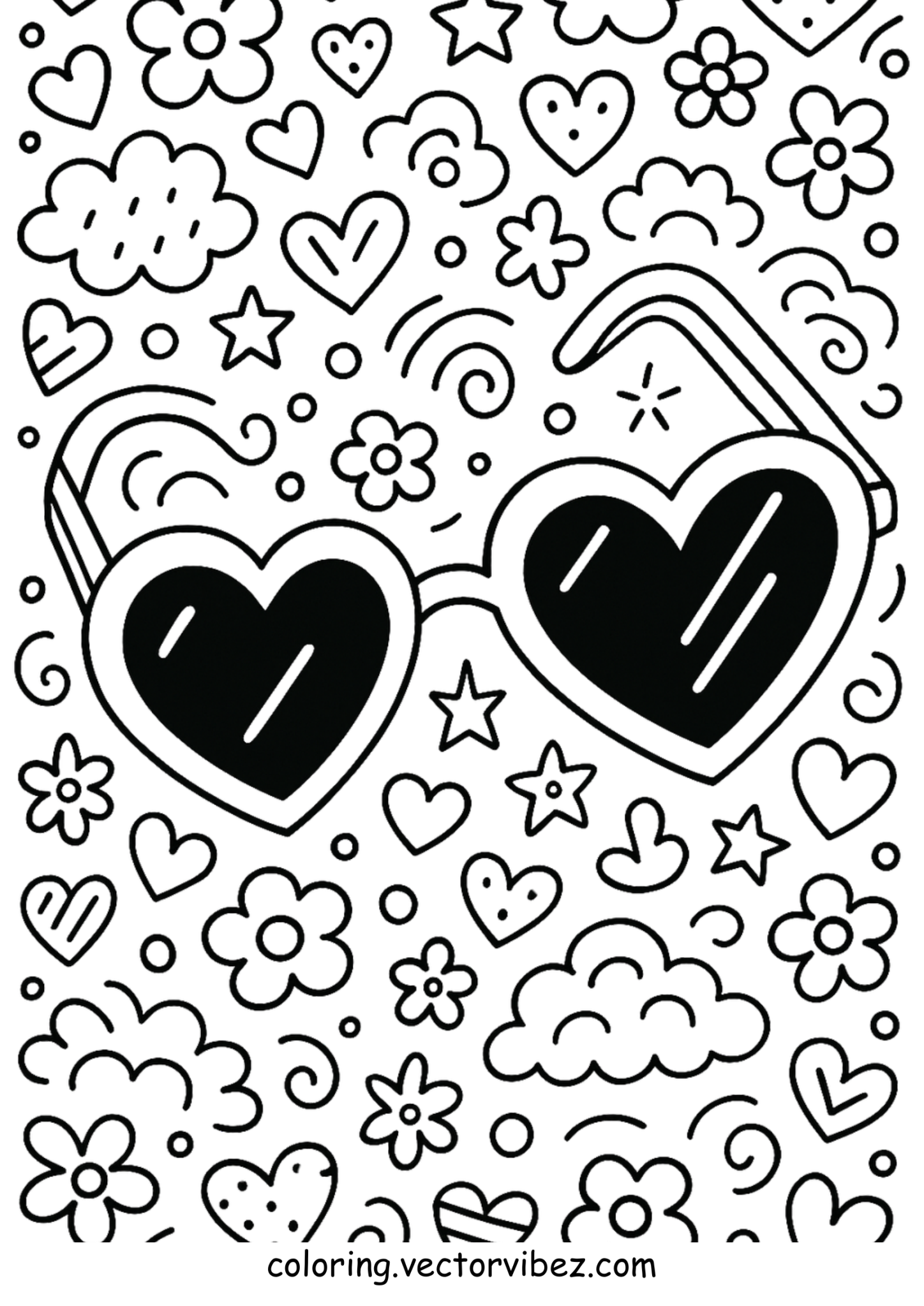 Free printable heart-shaped sunglasses with doodles coloring page for kids — download and print free at VectorVibez.com