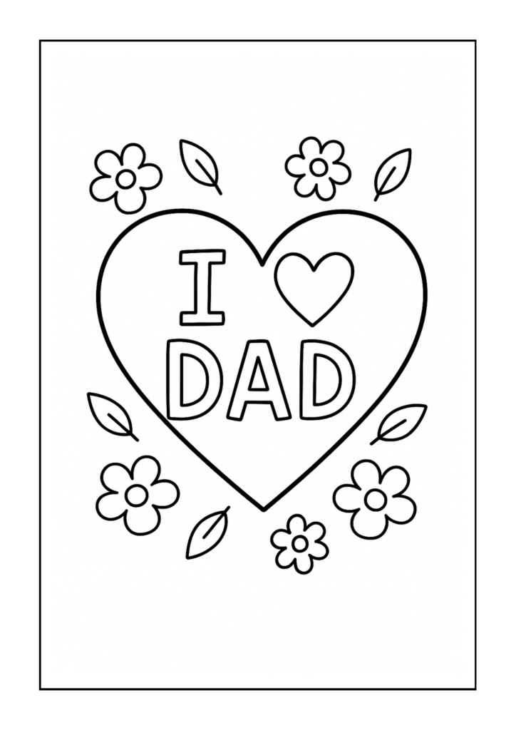 Free printable heart with 'i love dad' message and stars coloring page for kids — download and print free at VectorVibez.com