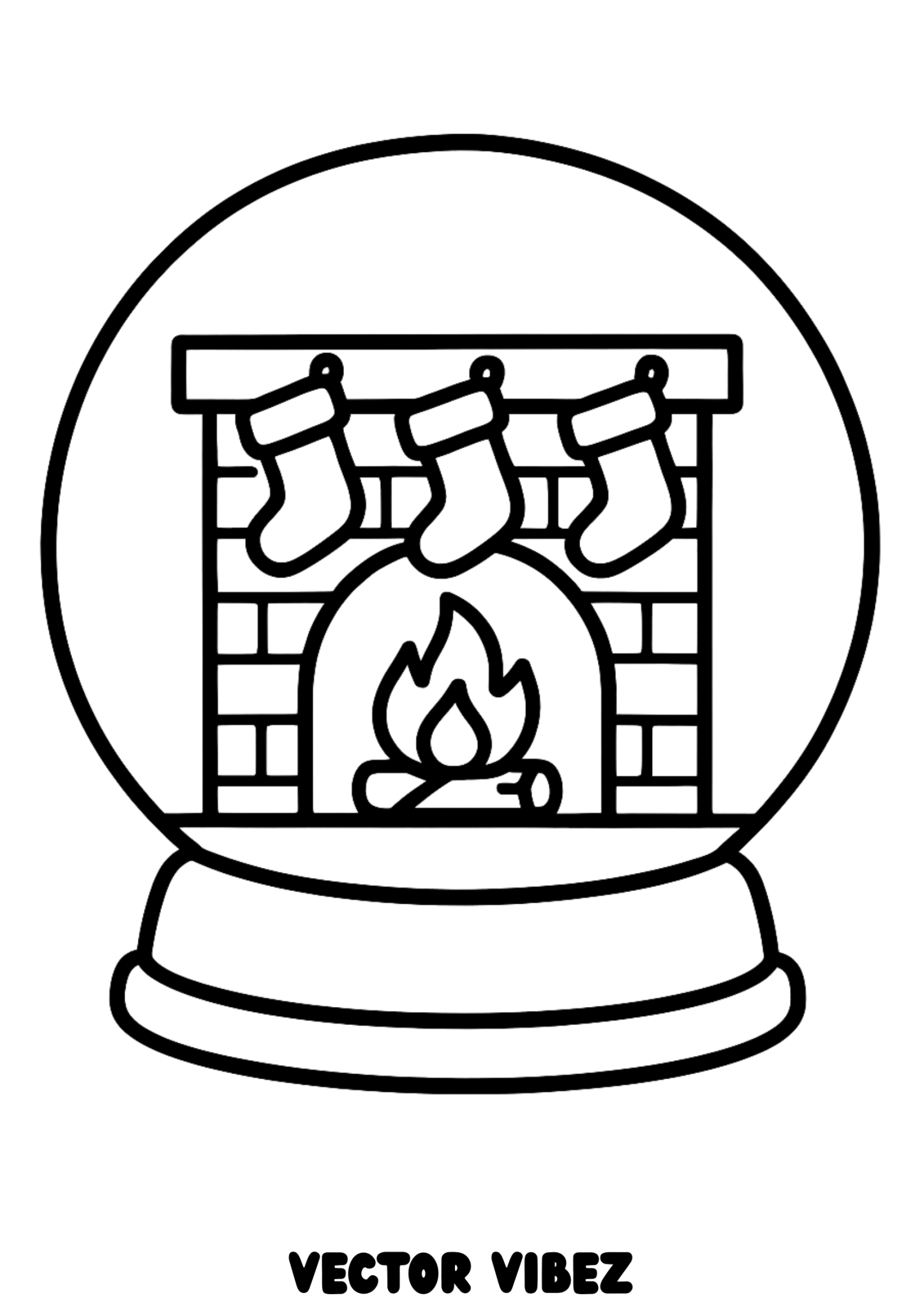 Free printable holiday fireplace with hanging stockings globe coloring page for kids — download and print free at VectorVibez.com