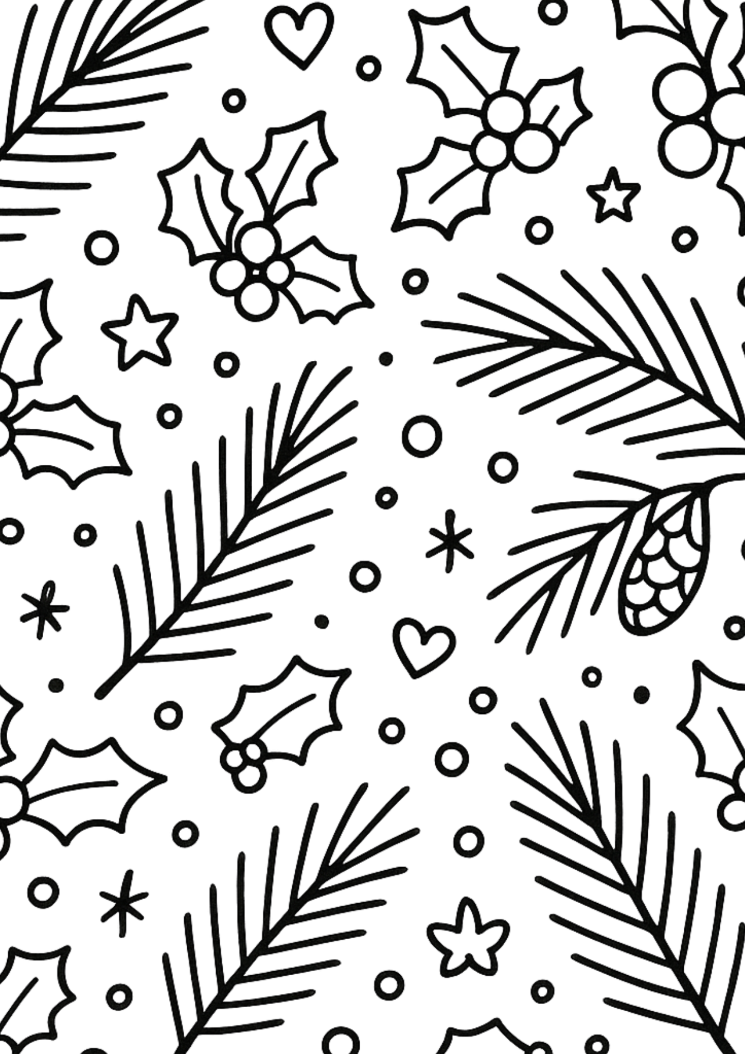 Free printable holly and pine branch festive pattern coloring page for kids — download and print free at VectorVibez.com