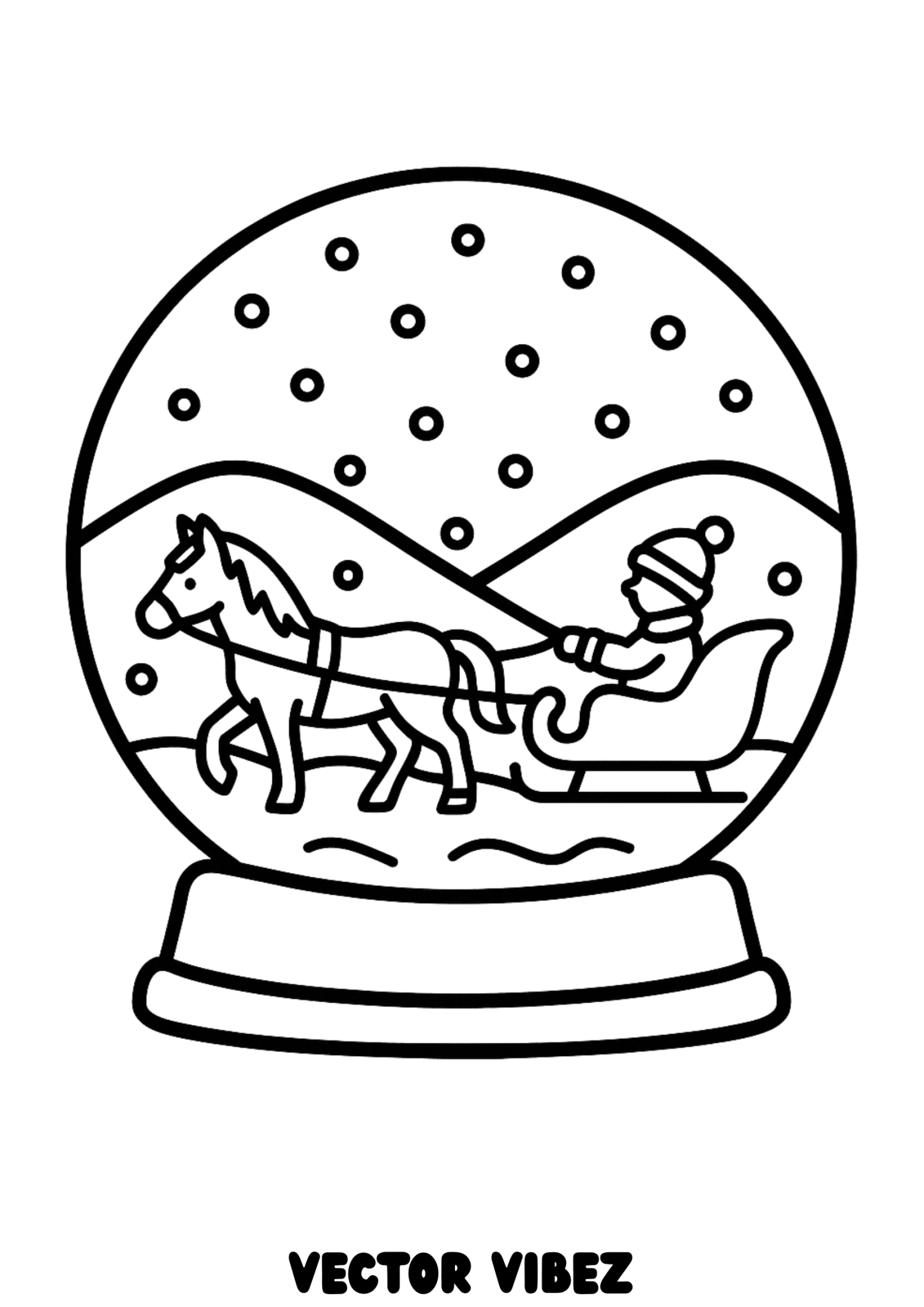 Free printable horse-drawn sleigh in christmas snow globe coloring page for kids — download and print free at VectorVibez.com
