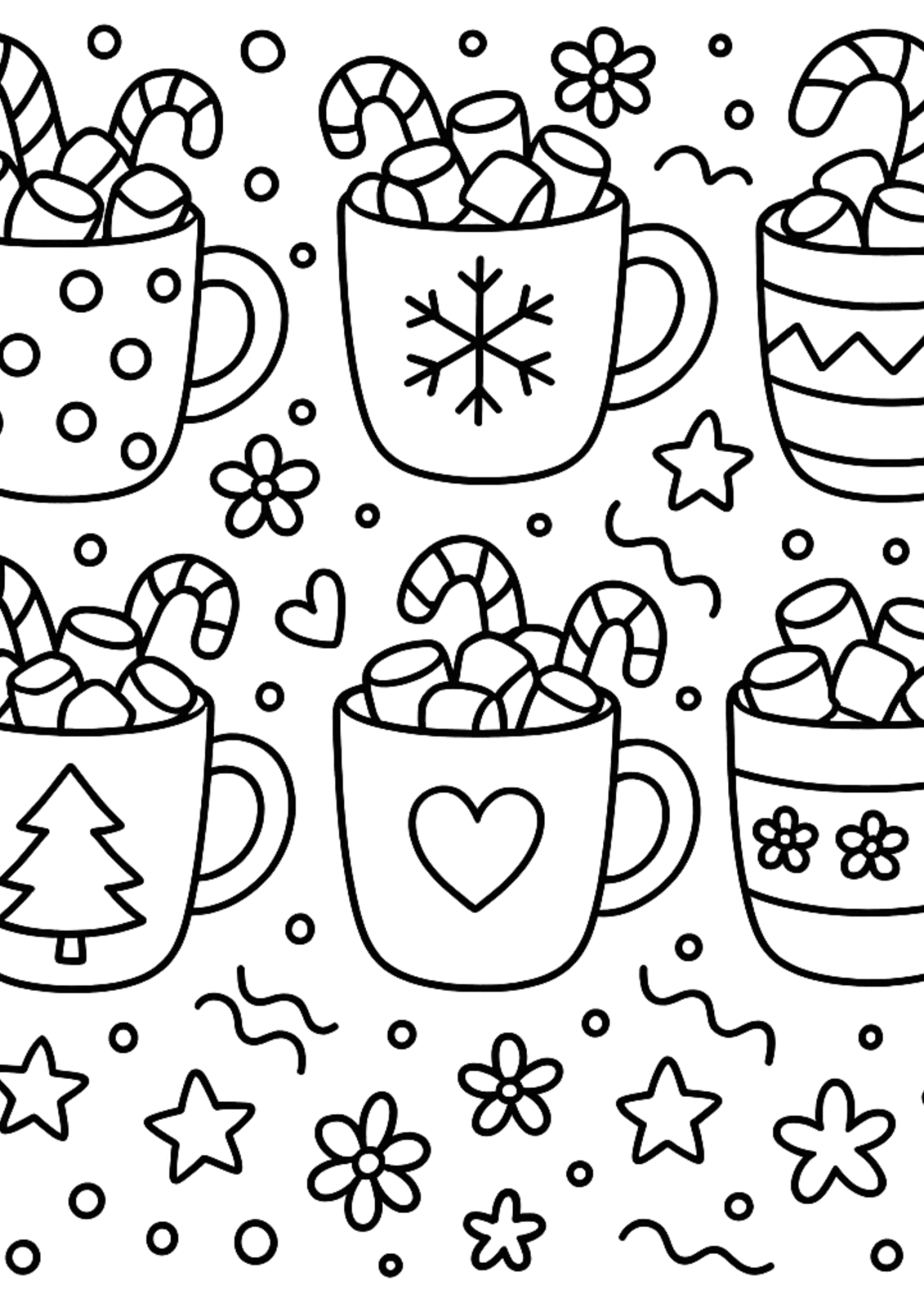 Free printable hot cocoa mugs with candy canes and marshmallows coloring page for kids — download and print free at VectorVibez.com