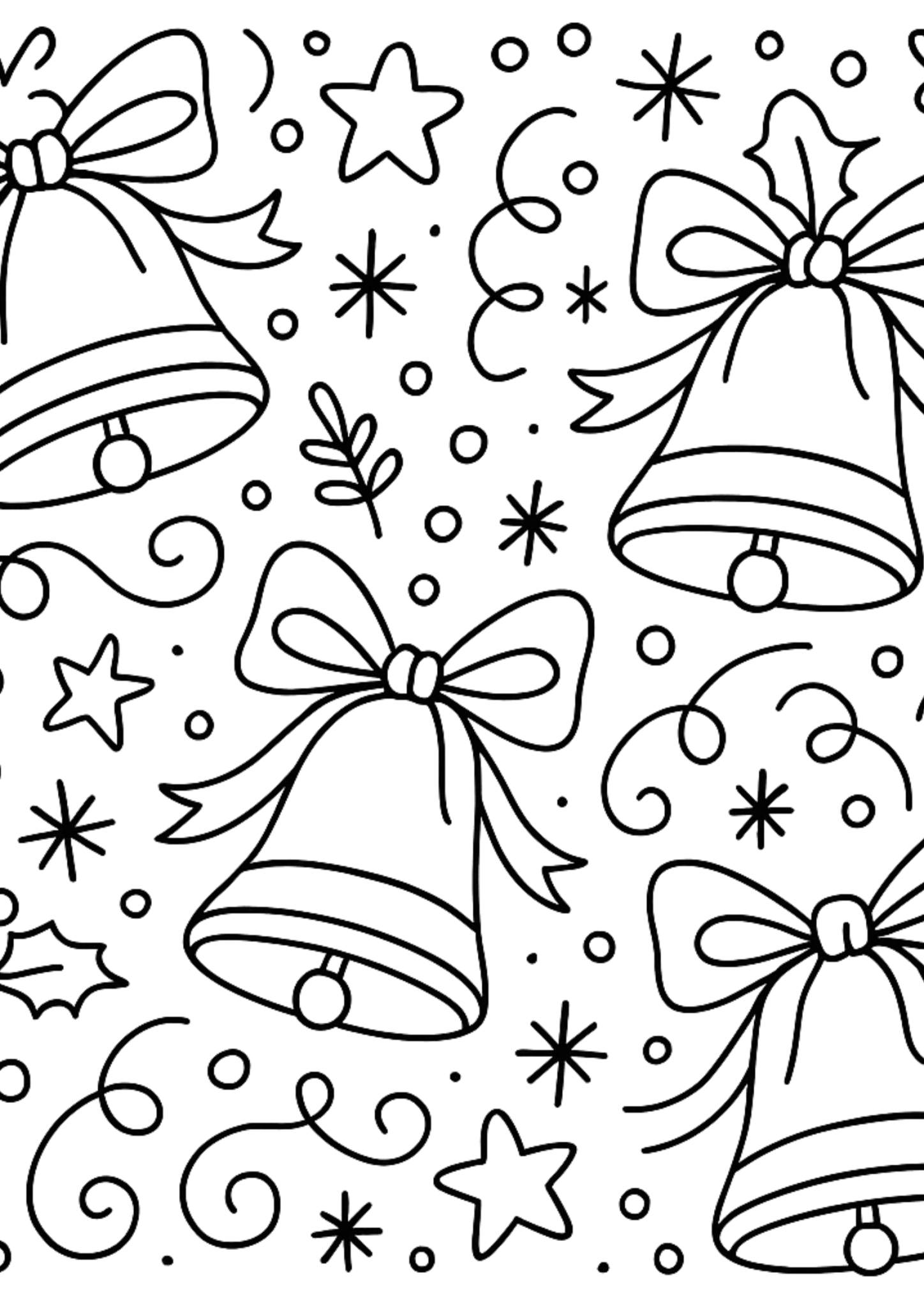 Free printable jingle bells with shining stars coloring page for kids — download and print free at VectorVibez.com