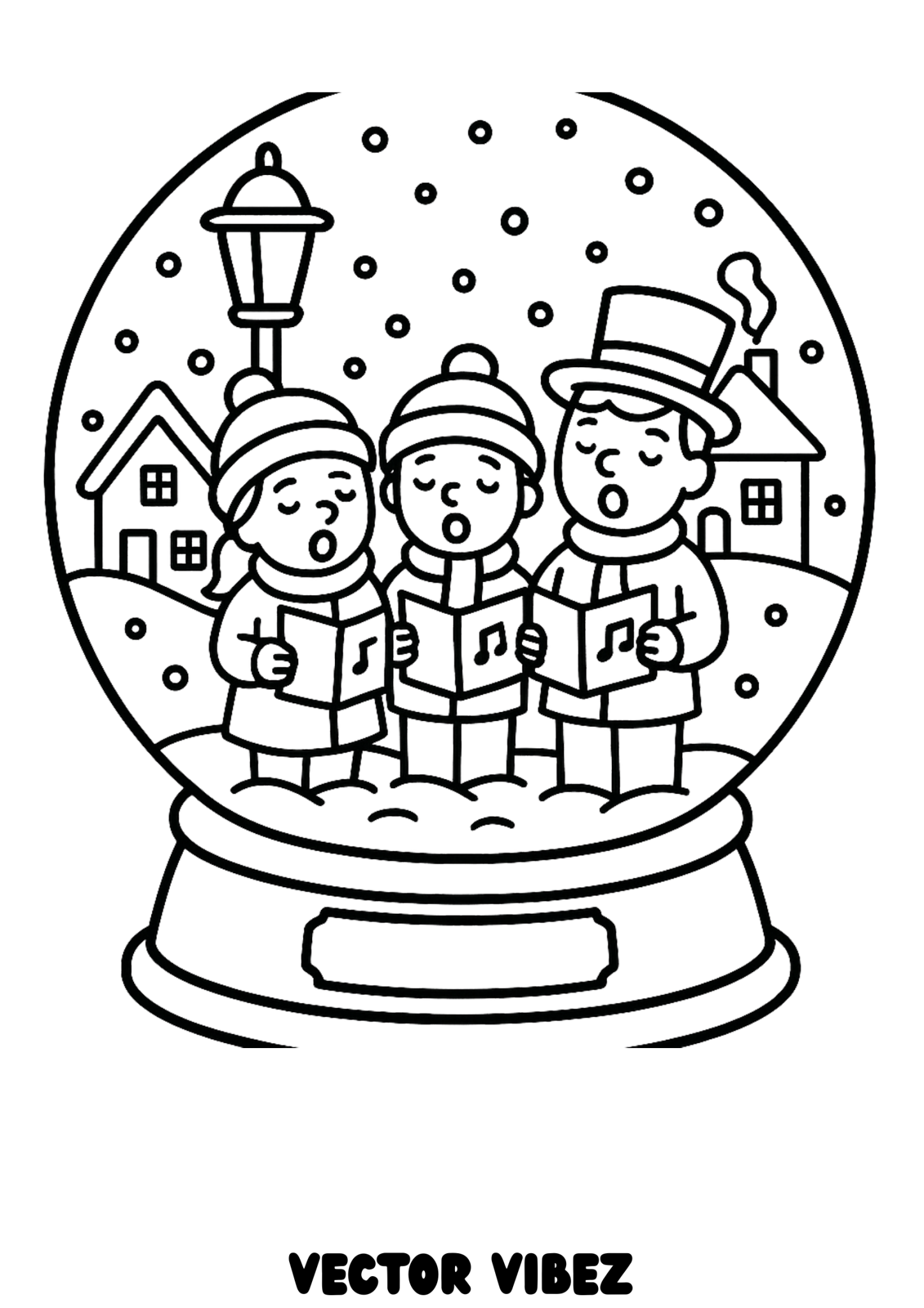 Free printable joyful singers inside christmas snow globe coloring page for kids — download and print free at VectorVibez.com