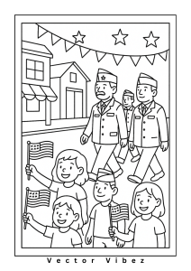 Free printable kids marching with flags and drums coloring page for kids — download and print free at VectorVibez.com