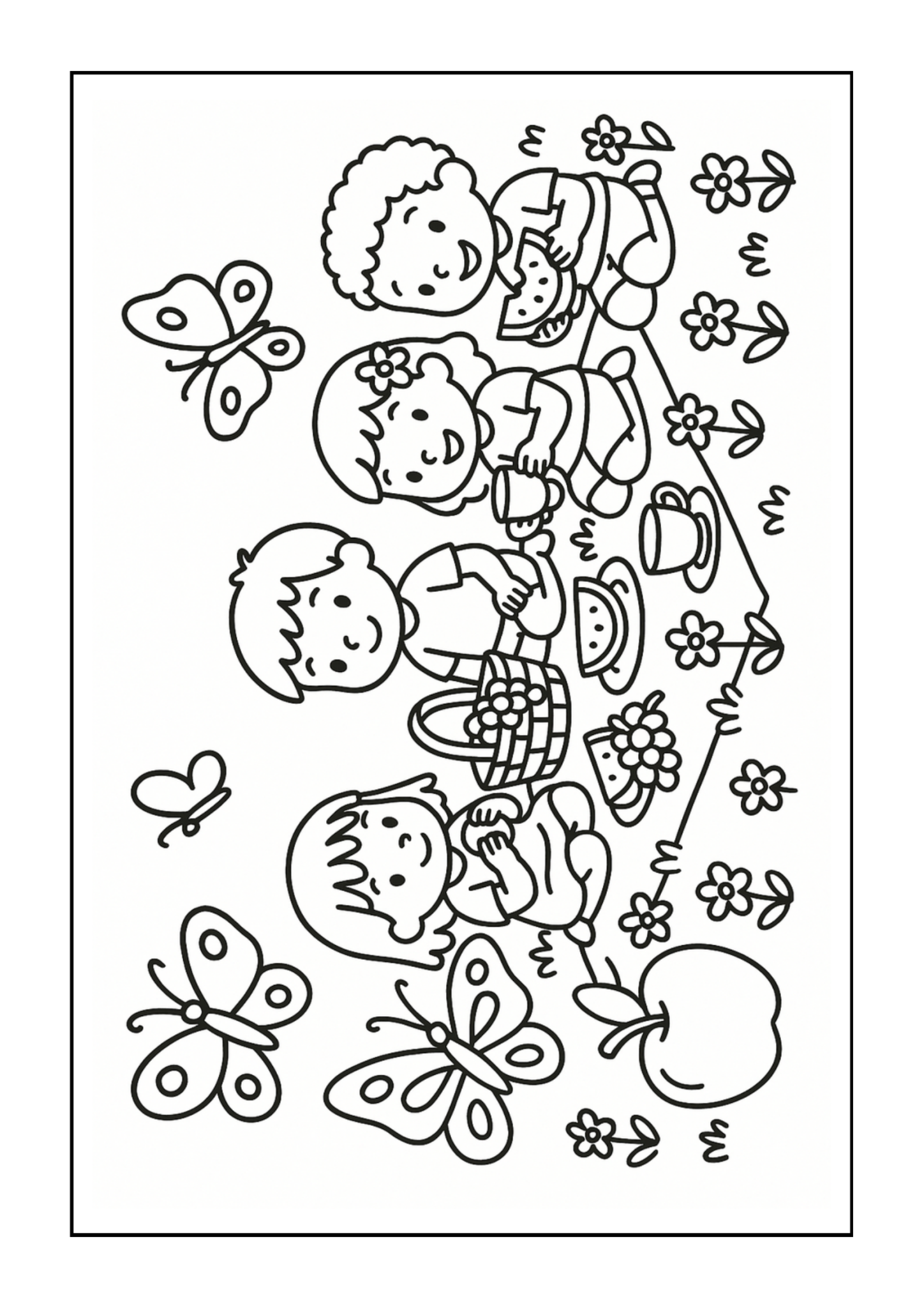 Free printable kids picnic with fluttering butterflies coloring page for kids — download and print free at VectorVibez.com
