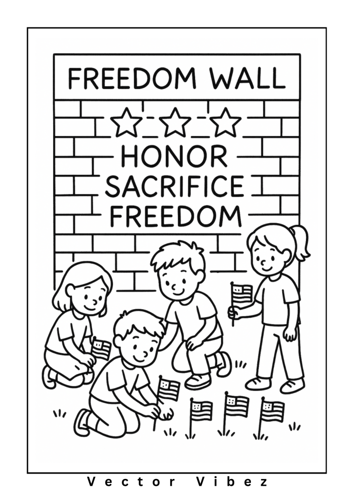 Free printable kids planting flags in field coloring page for kids — download and print free at VectorVibez.com