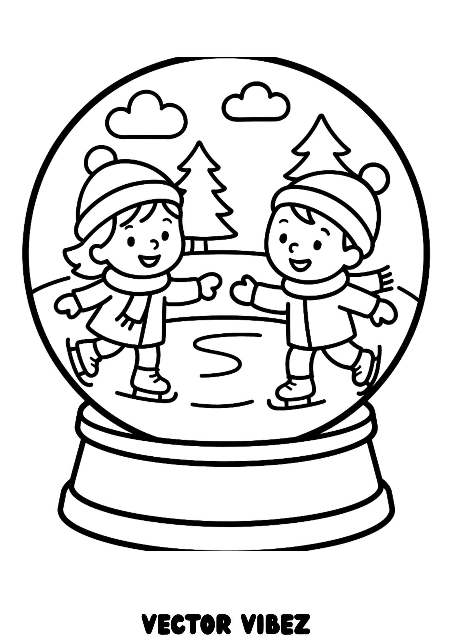 Free printable kids twirling on ice in snow globe coloring page for kids — download and print free at VectorVibez.com
