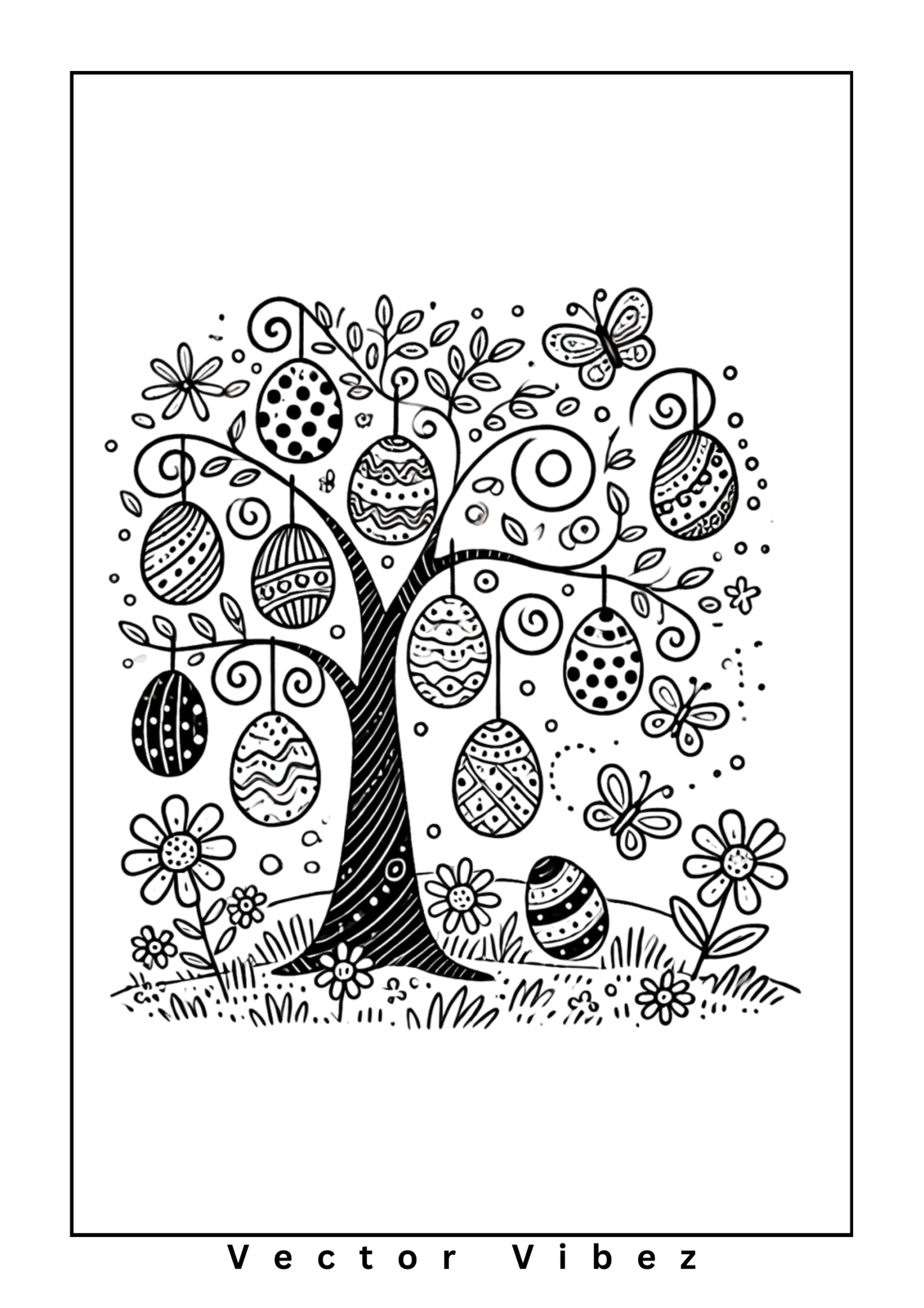 Free printable magical easter egg tree with birds coloring page for kids — download and print free at VectorVibez.com