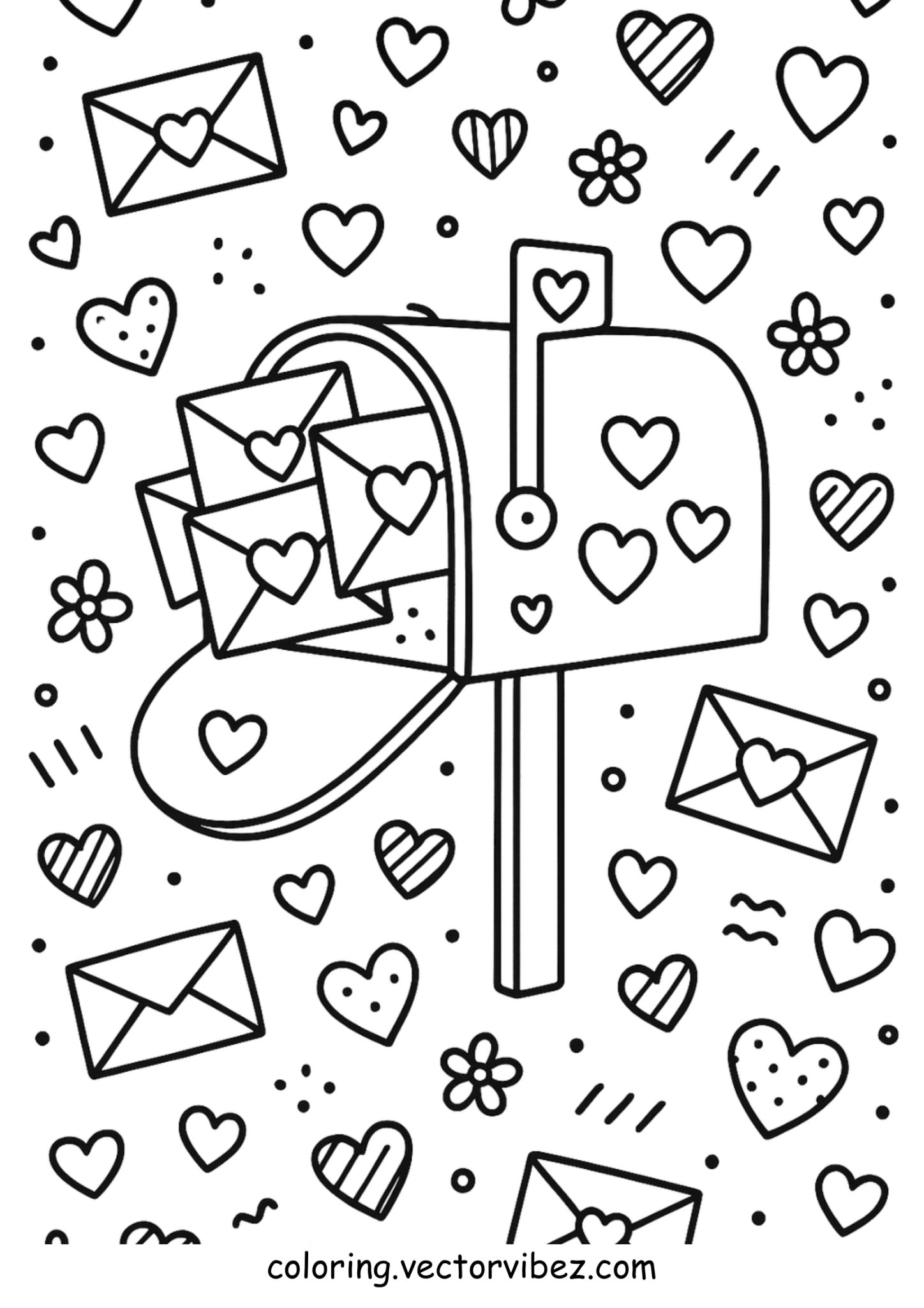 Free printable mailbox overflowing with love letters coloring page for kids — download and print free at VectorVibez.com
