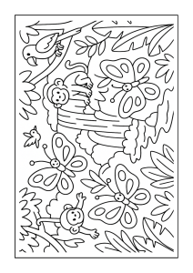 Free printable monkeys playing with butterflies coloring page for kids — download and print free at VectorVibez.com
