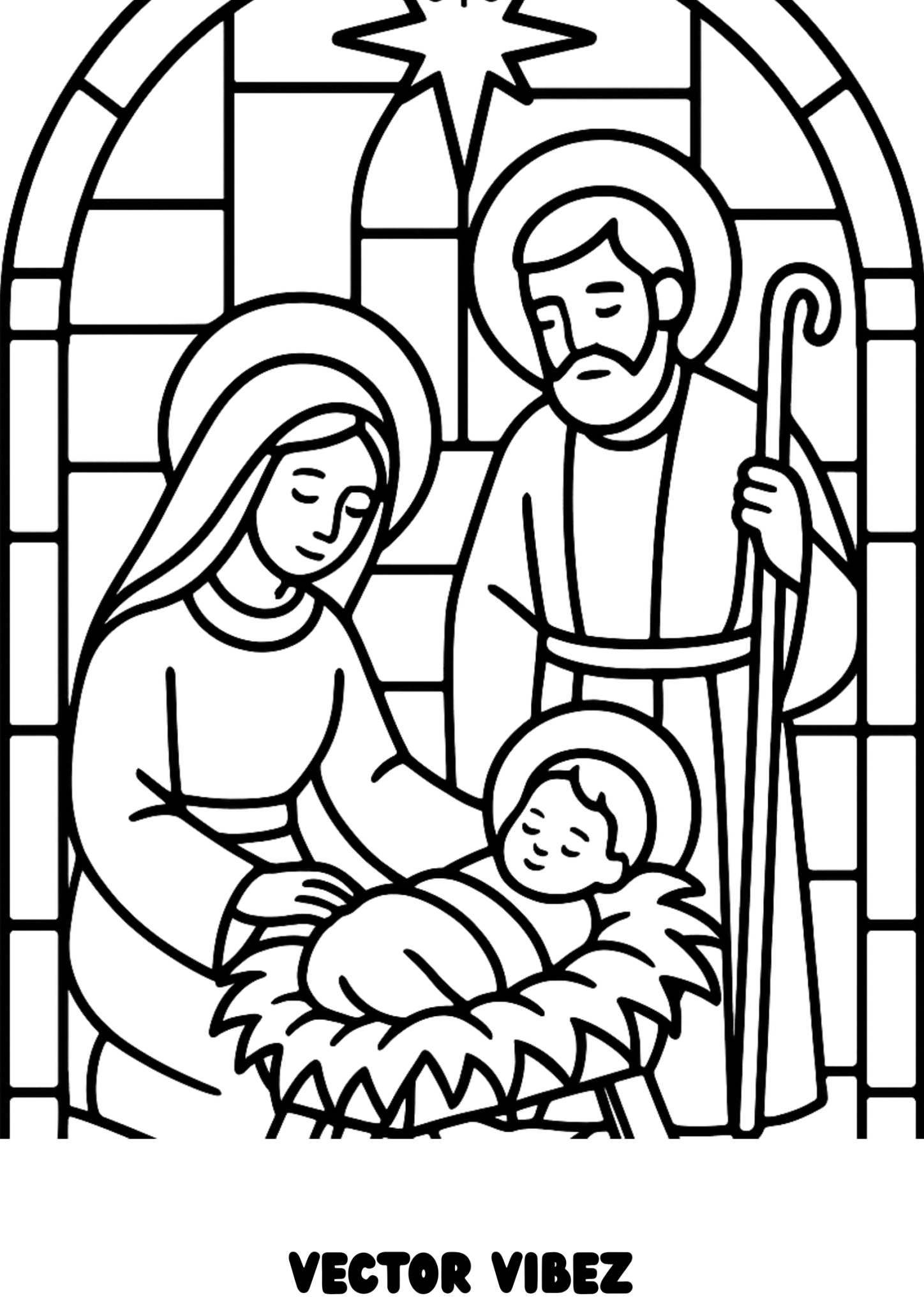 Free printable nativity scene with angelic glow coloring page for kids — download and print free at VectorVibez.com