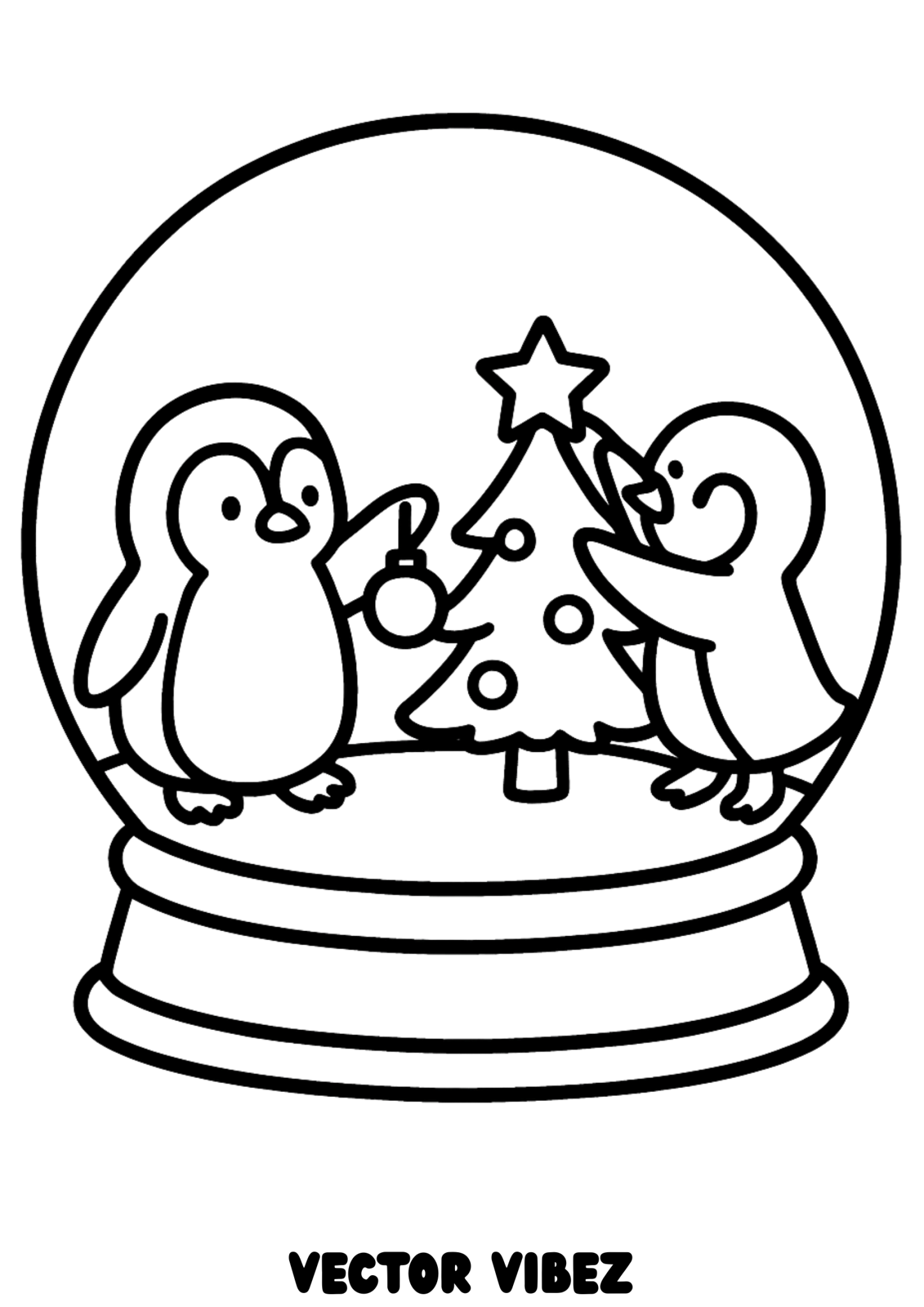 Free printable penguins decorating tree in snow globe coloring page for kids — download and print free at VectorVibez.com