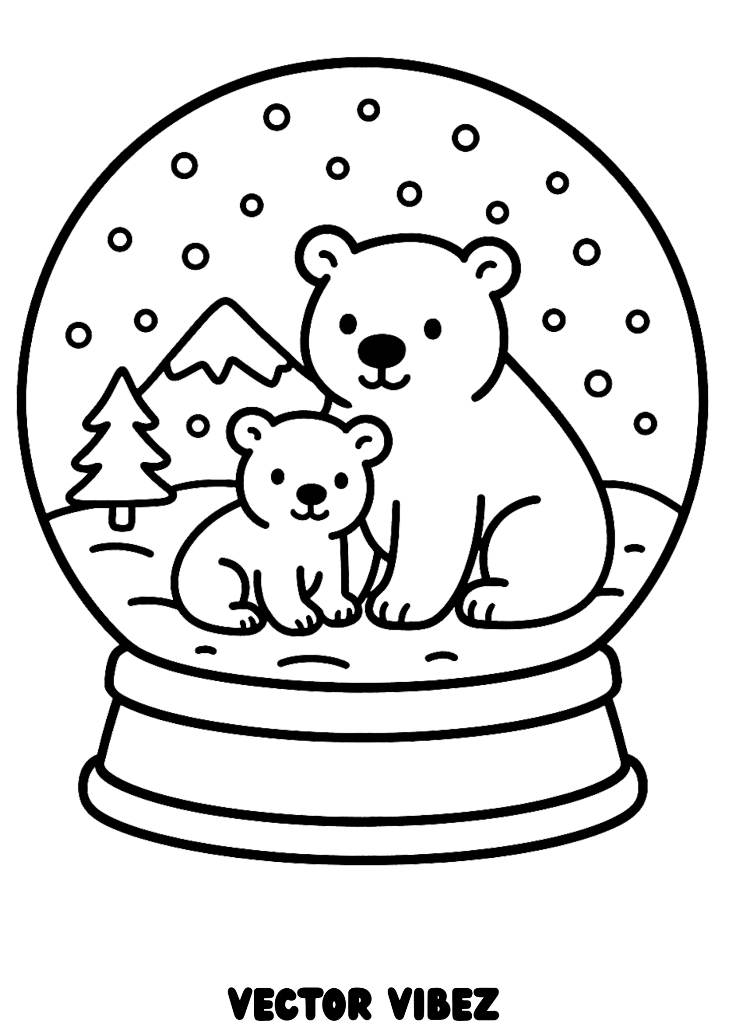 Free printable polar bears playing in snow globe coloring page for kids — download and print free at VectorVibez.com