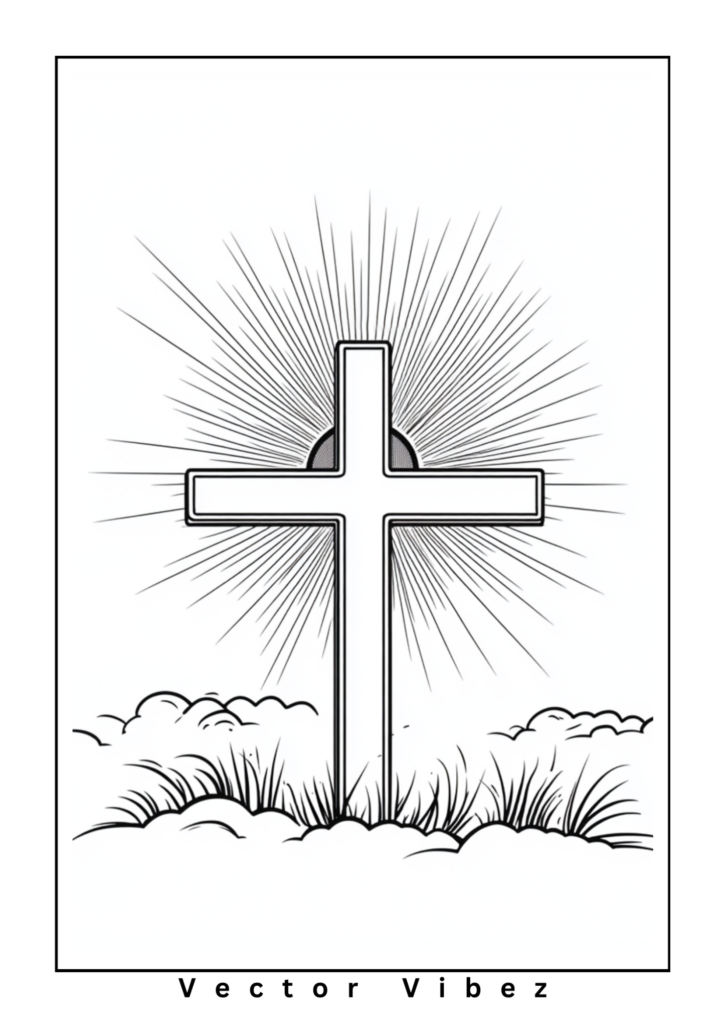 Free printable radiant easter cross with sunlight beams coloring page for kids — download and print free at VectorVibez.com