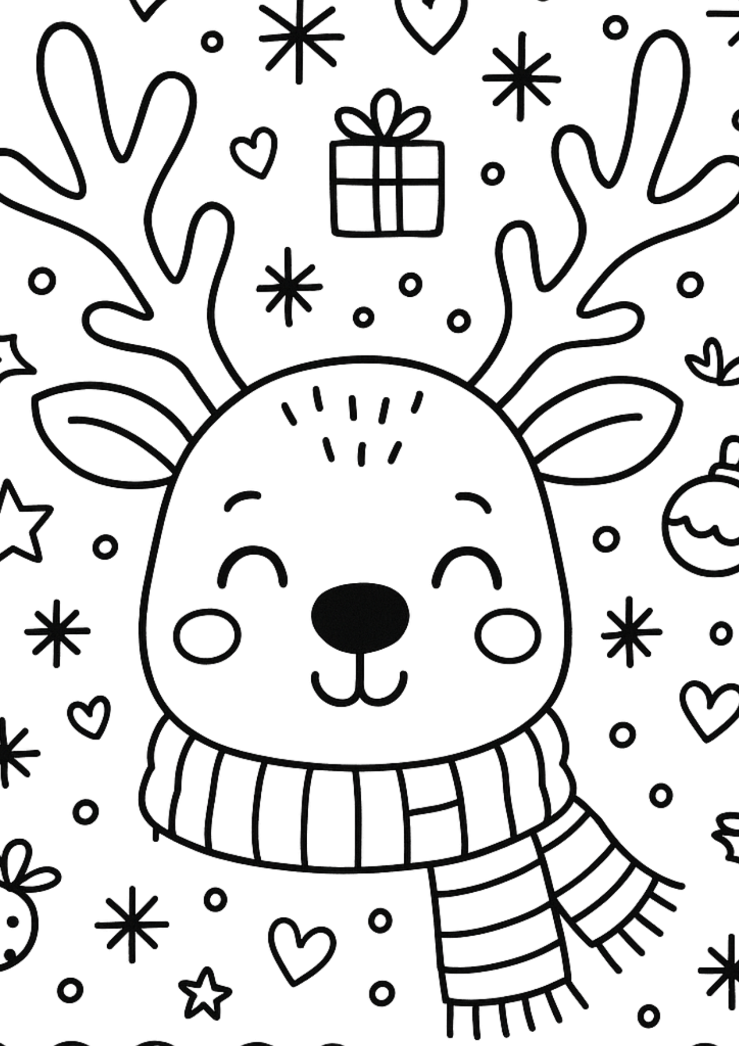 Free printable reindeer with cozy scarf in snow coloring page for kids — download and print free at VectorVibez.com