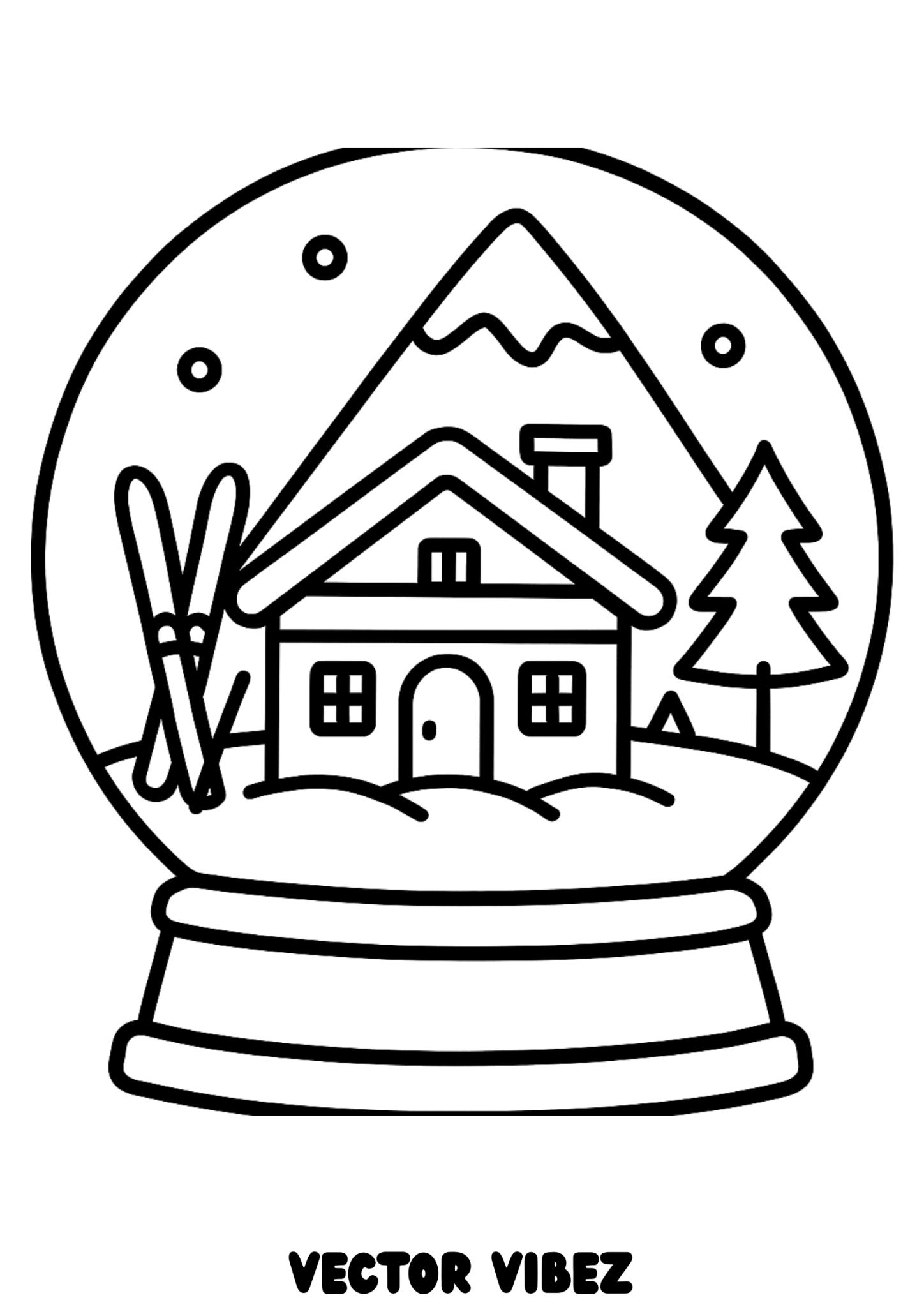 Free printable rustic mountain cabin in snow globe coloring page for kids — download and print free at VectorVibez.com