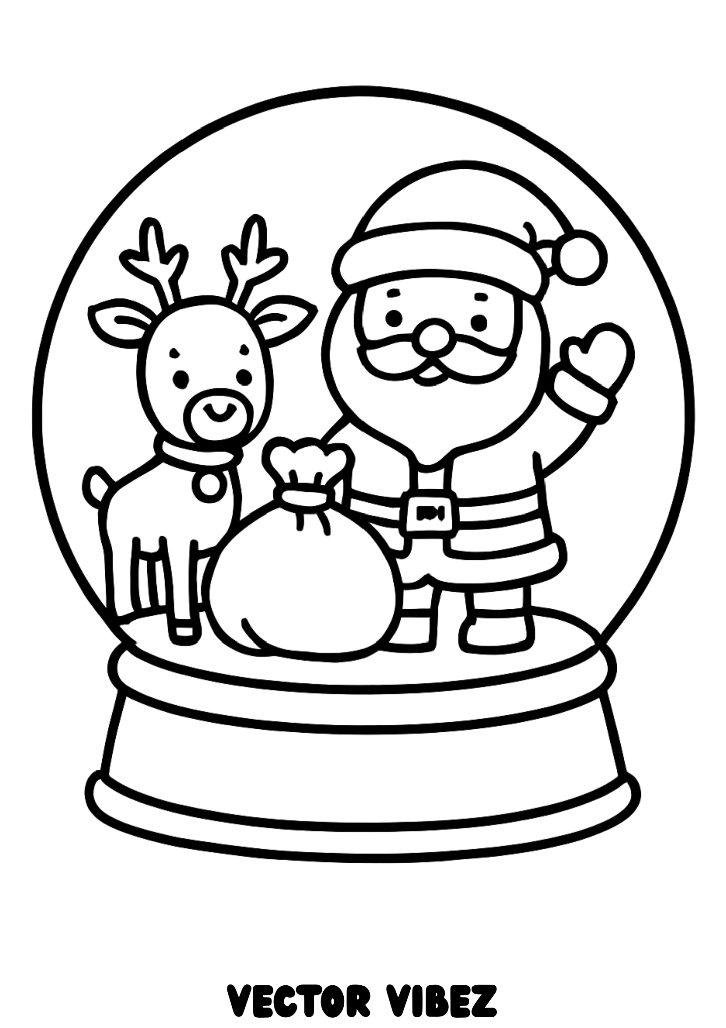 Free printable santa and reindeer in snowy forest globe coloring page for kids — download and print free at VectorVibez.com
