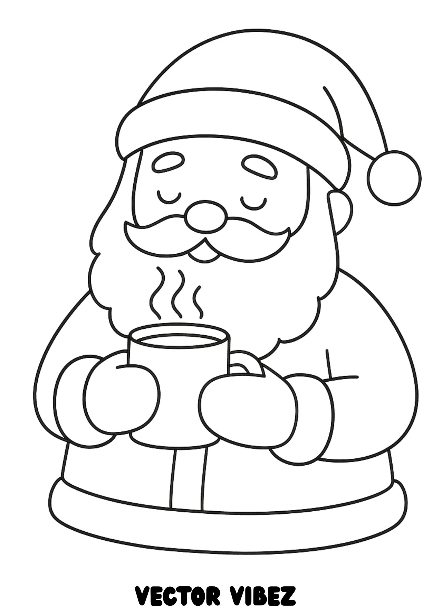 Free printable santa claus enjoying hot cocoa by the fire coloring page for kids — download and print free at VectorVibez.com